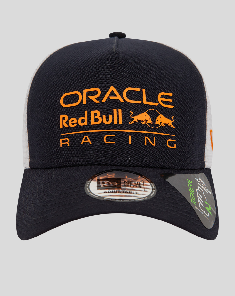 Front view of a navy trucker cap with bright orange Oracle Red Bull Racing logo and curved brim