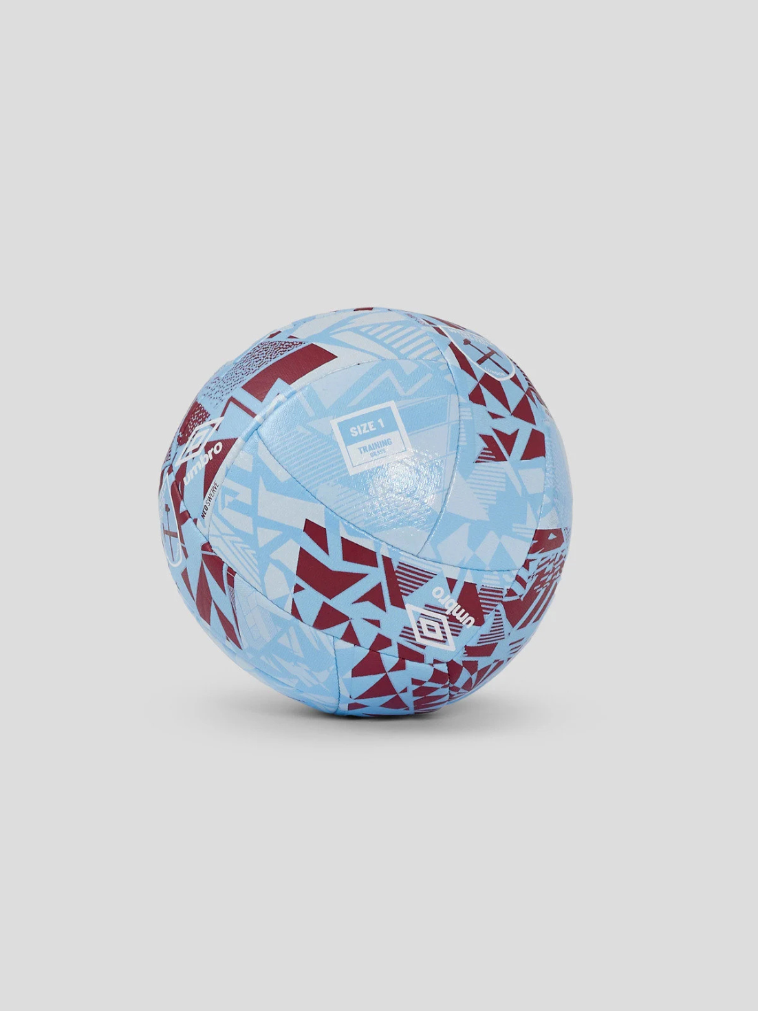 Blue geometric West Ham United Neo Swerve football size 1 shown from a side angle.