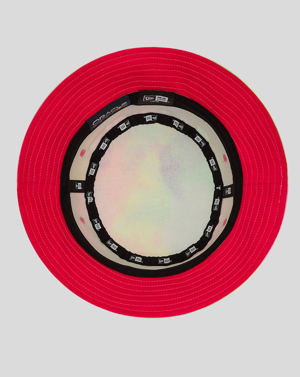 Red bucket hat with white topstitching and Oracle Red Bull Racing branding