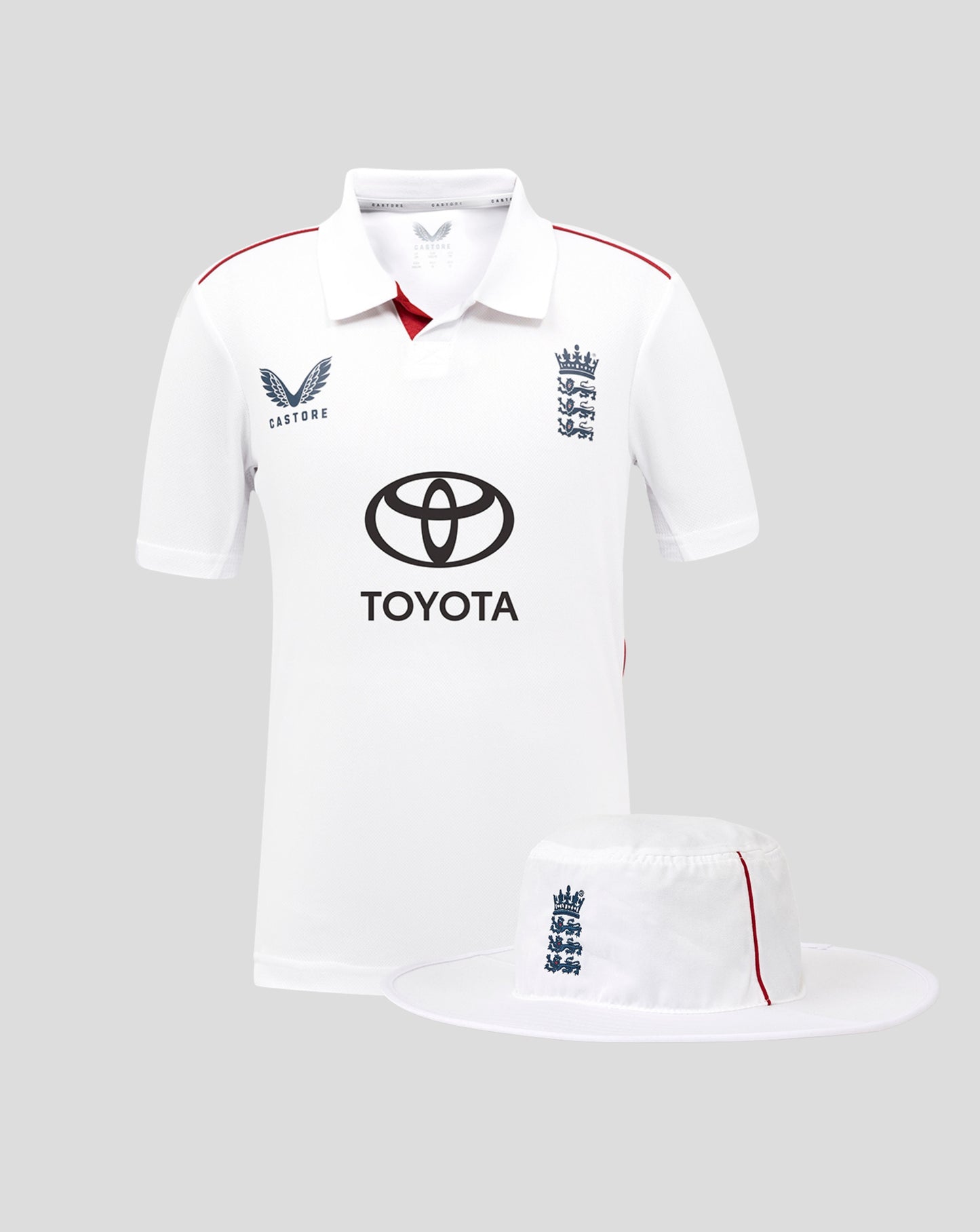 England Junior Test shirt and hat bundle white polo shirt with England crest and Toyota logo and a matching white wide brim hat