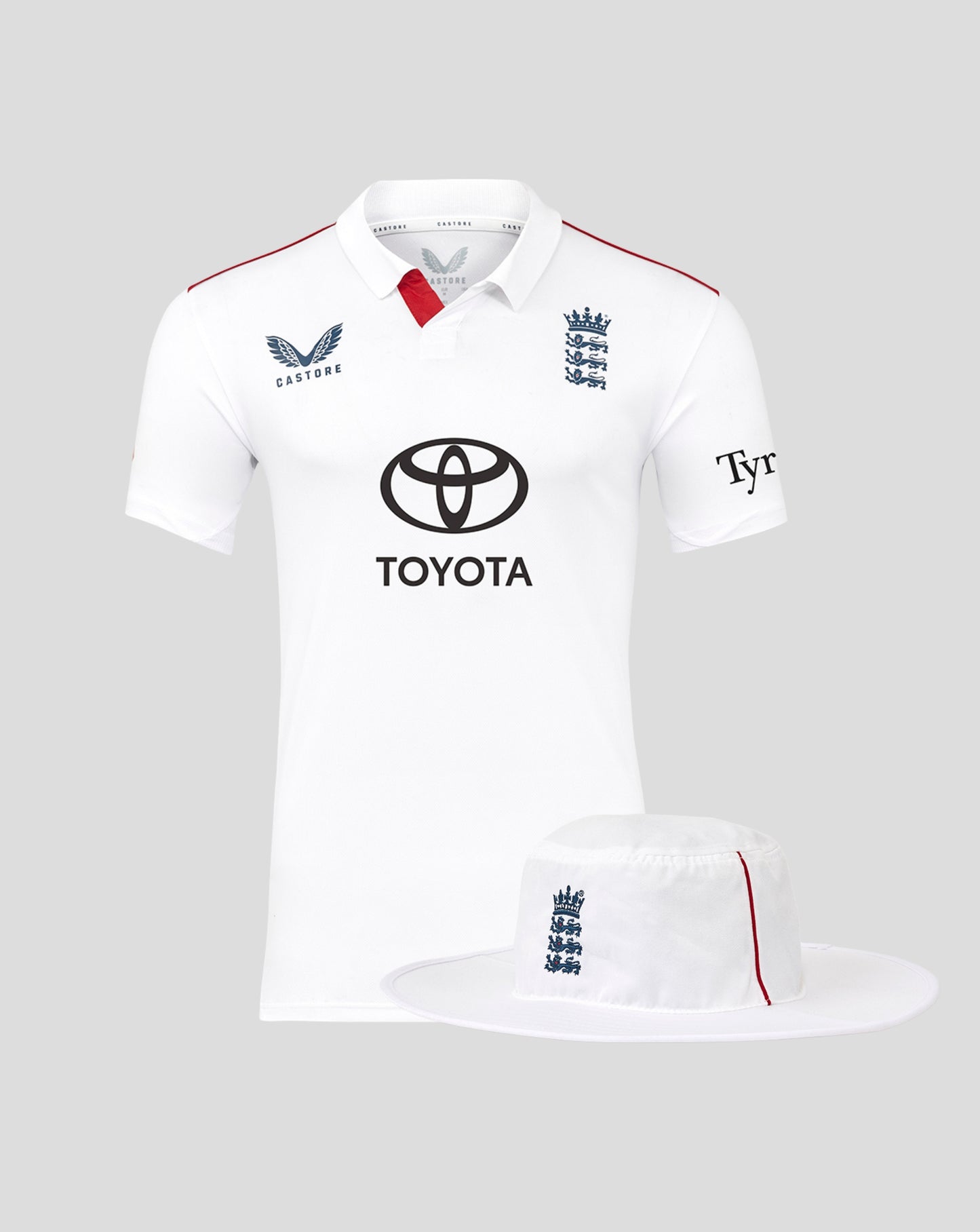 Mens 26/27 Test white short sleeve shirt with crest and Toyota logo, paired with a wide brim hat