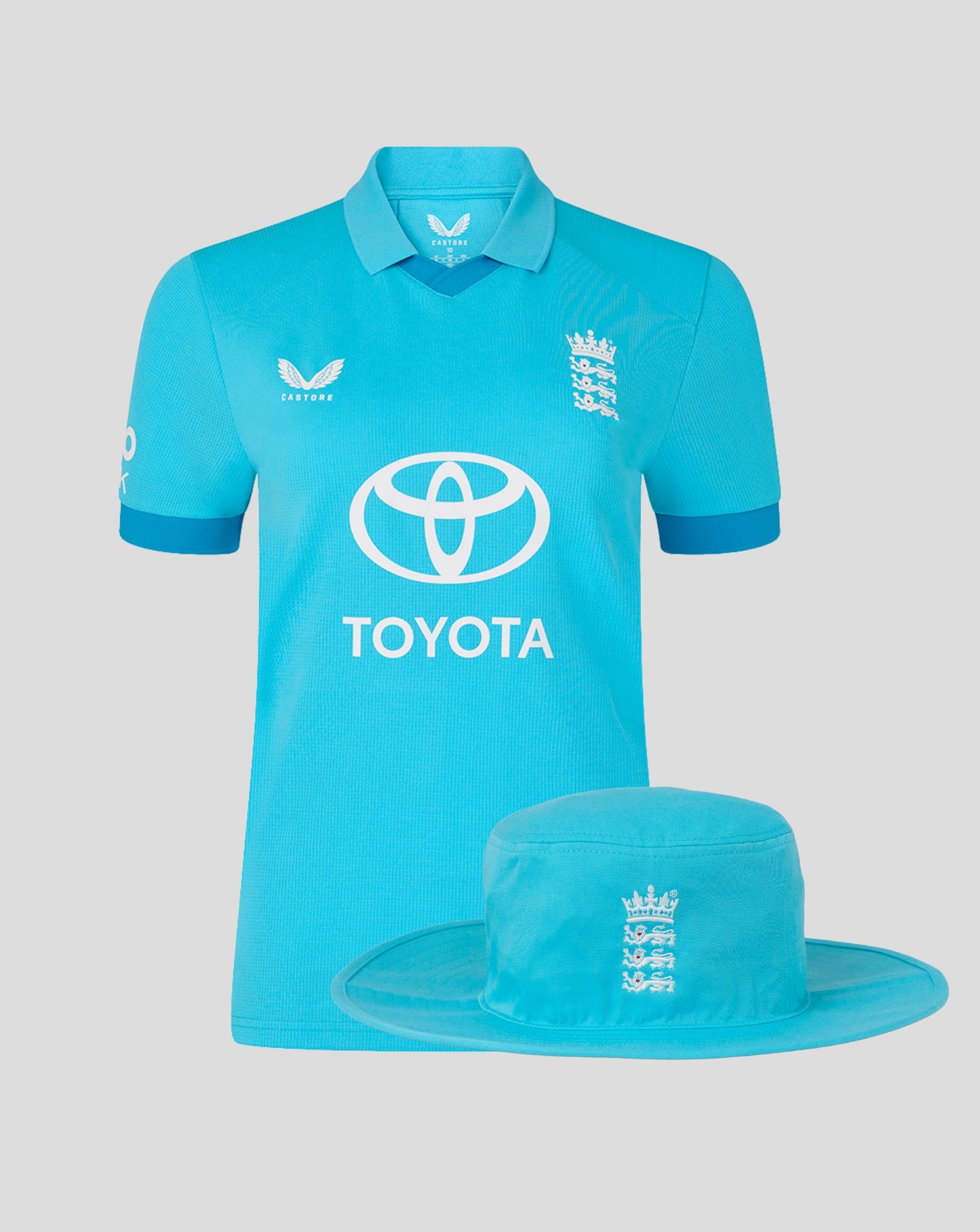 Women's England 26/27 ODI blue short sleeve shirt with a matching blue brim hat featuring the crest and Toyota logo