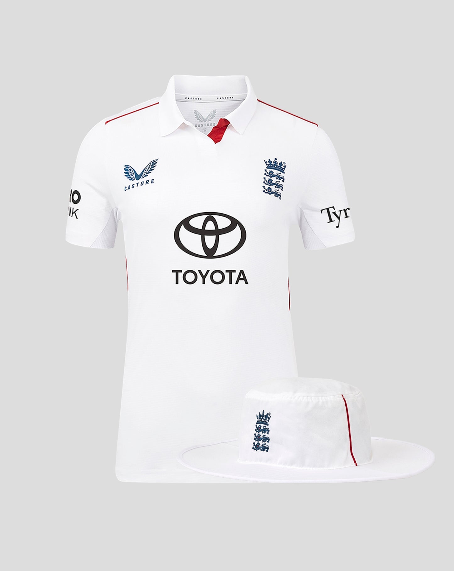 Womens 26/27 Test white short sleeve shirt with crest, shown with a matching wide brim hat