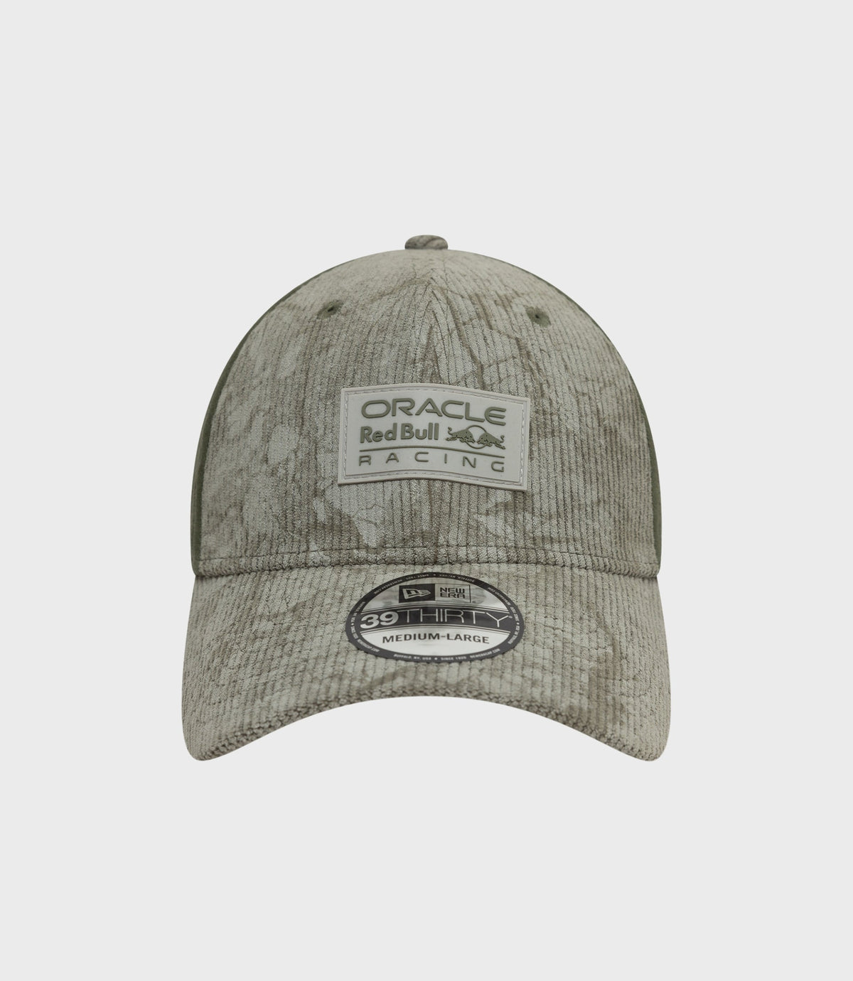 Front view of Open Green cap with weathered gray crown and Oracle Red Bull Racing patch and brim sticker