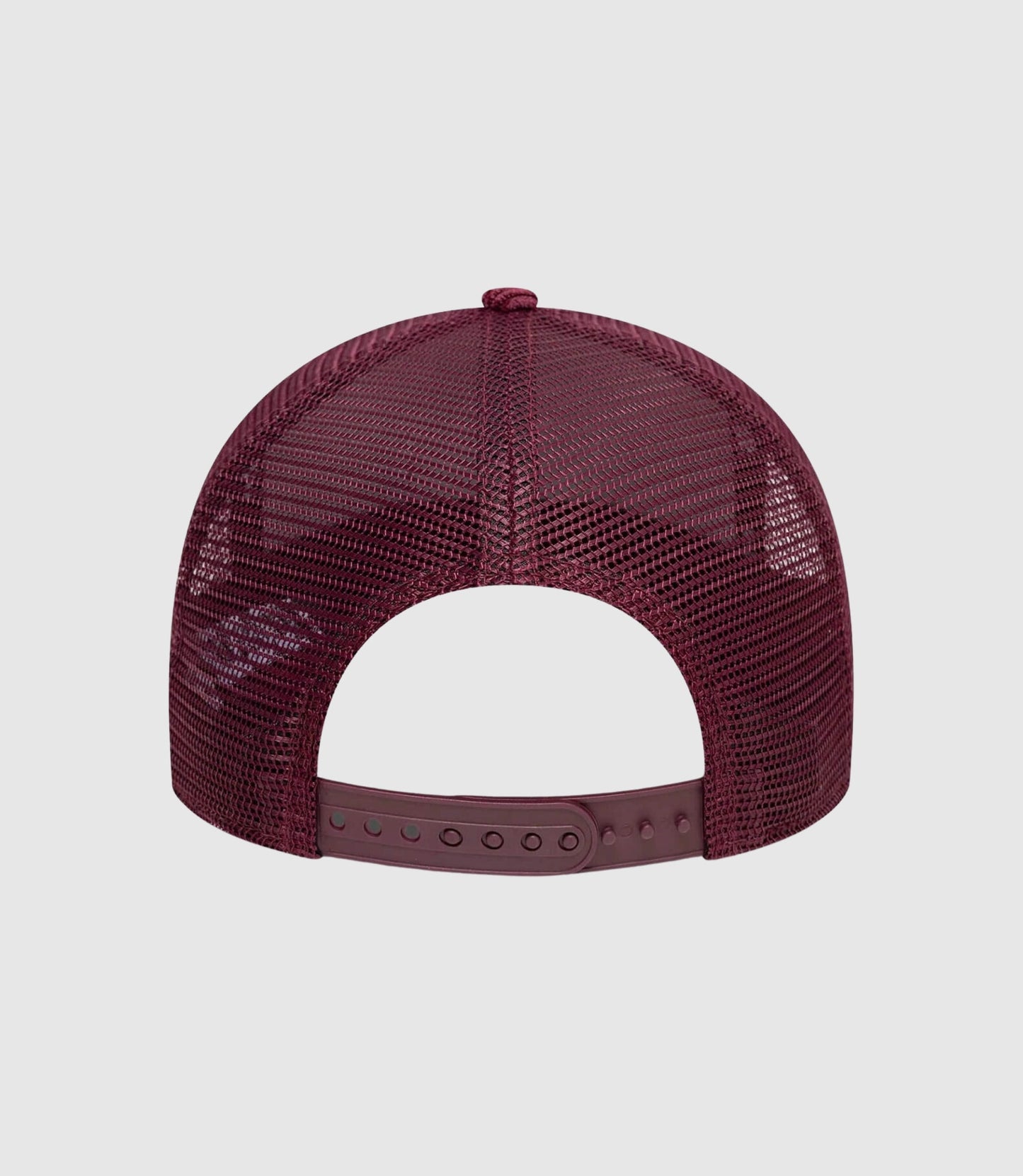 Rear view of burgundy cap with adjustable strap and mesh panel