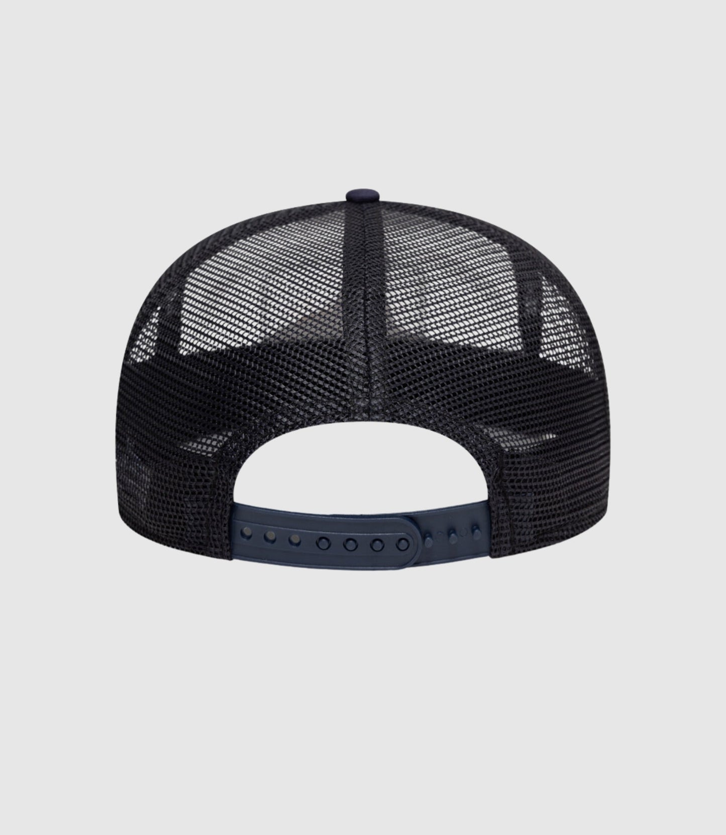 Open back trucker style cap with white front and navy mesh back and curved brim