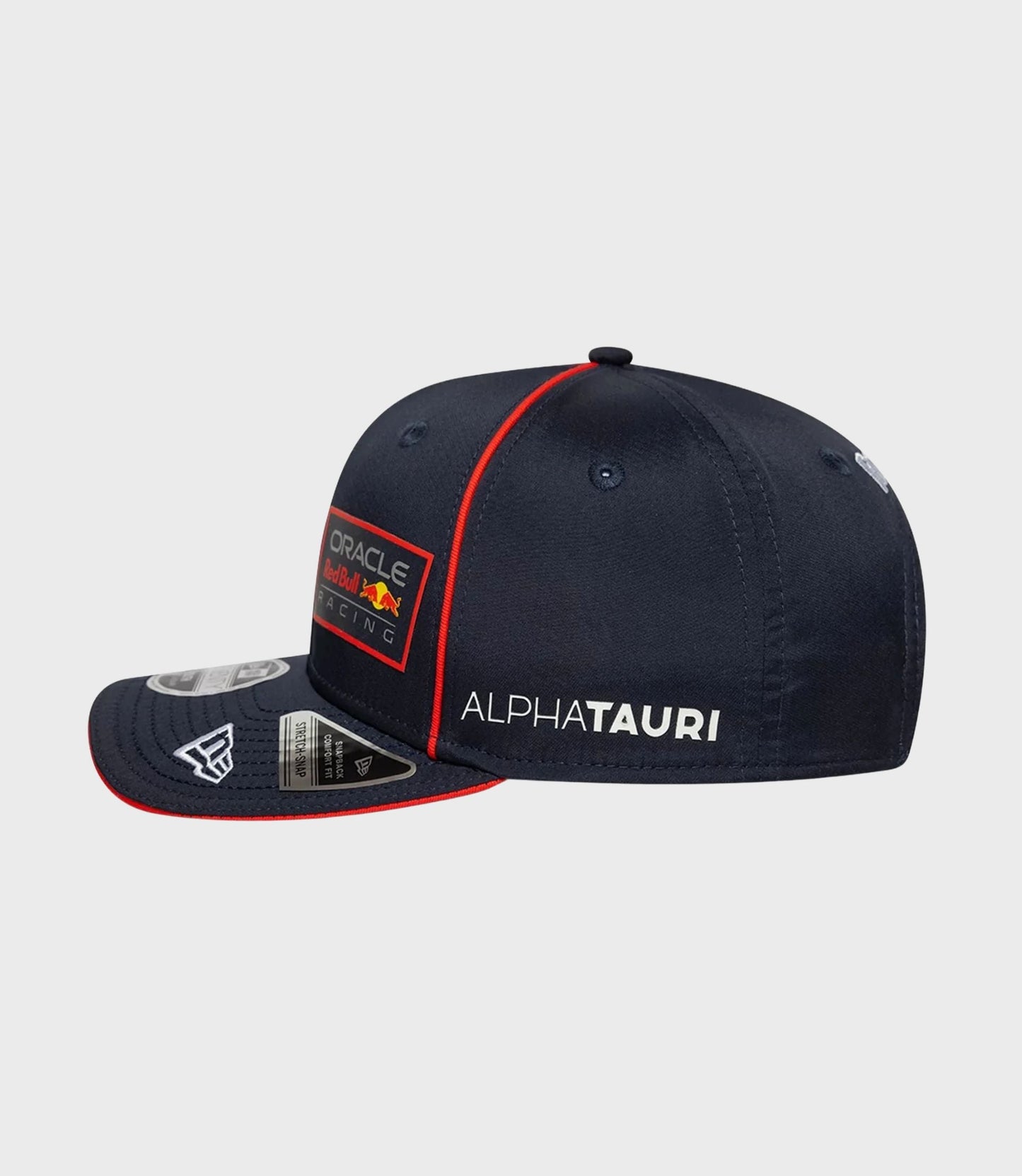 Front view of dark blue cap featuring AlphaTauri and Oracle Red Bull Racing branding with red piping