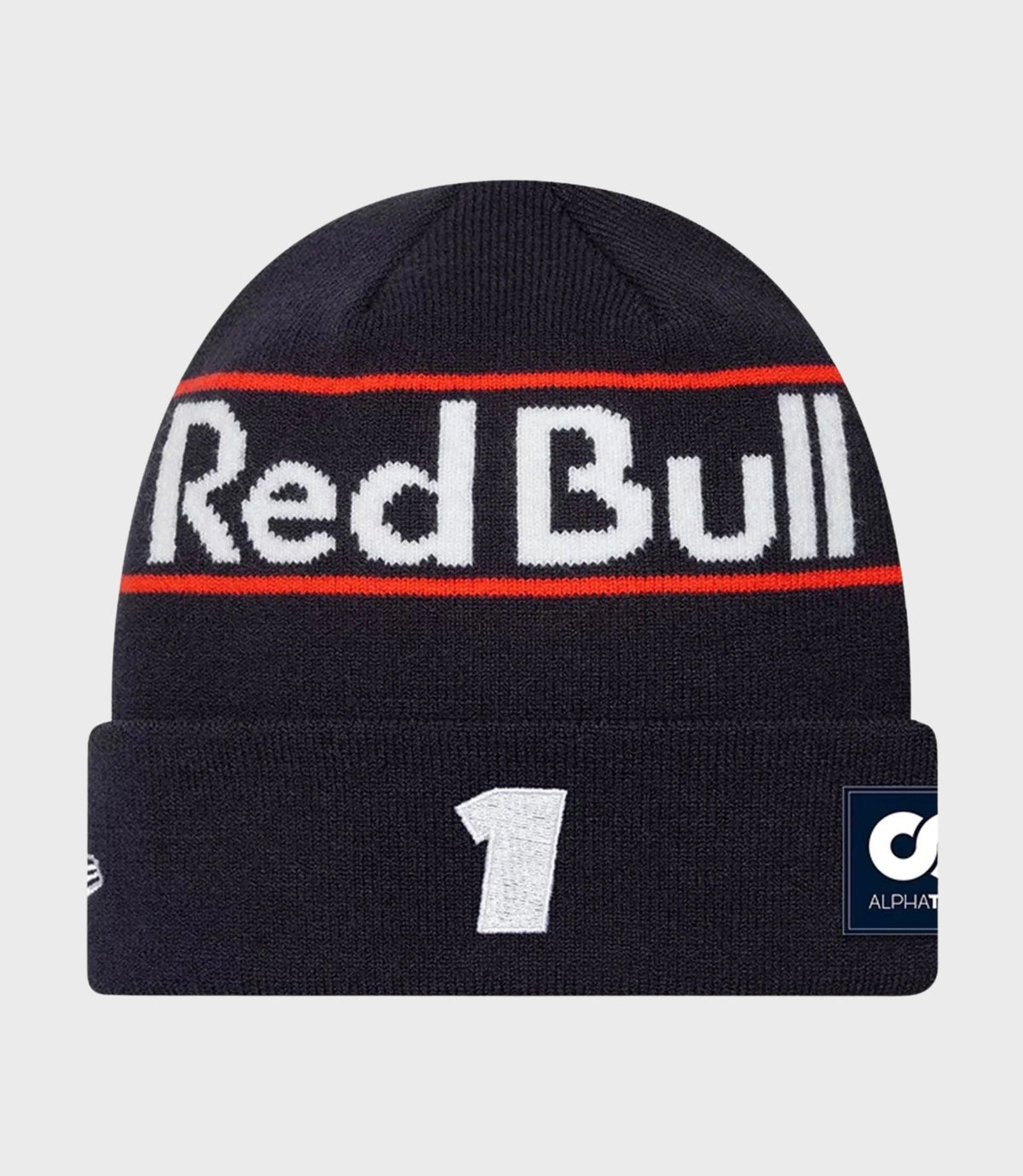 Close up of dark blue cuff knitted beanie with Verstappen lettering and a red stripe across the cuff.