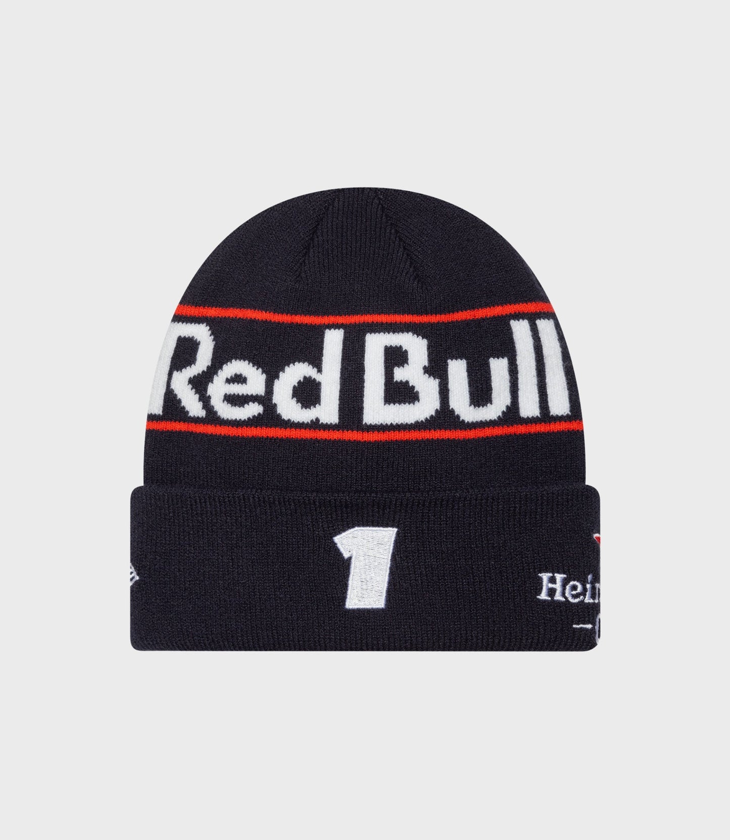 Dark blue cuffed knit beanie with red stripe and Oracle Red Bull Racing patch on the front