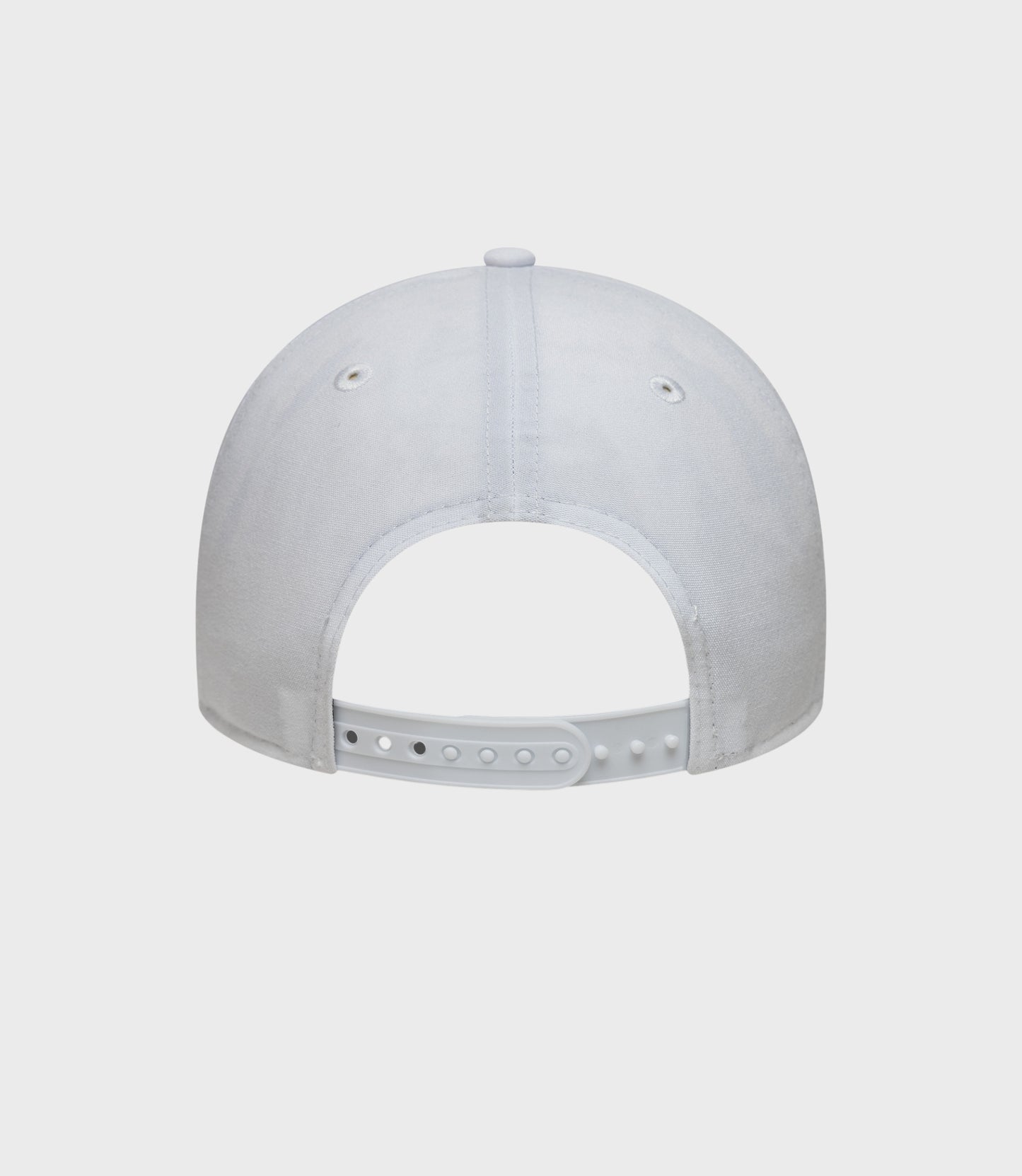 Back view of a white New Era cap showing adjustable plastic strap and crown stitching