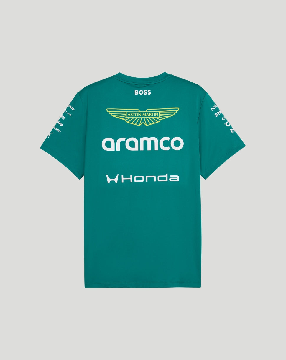 Teal Aston Martin F1 men's team T shirt back view with wings logo and aramco across the center