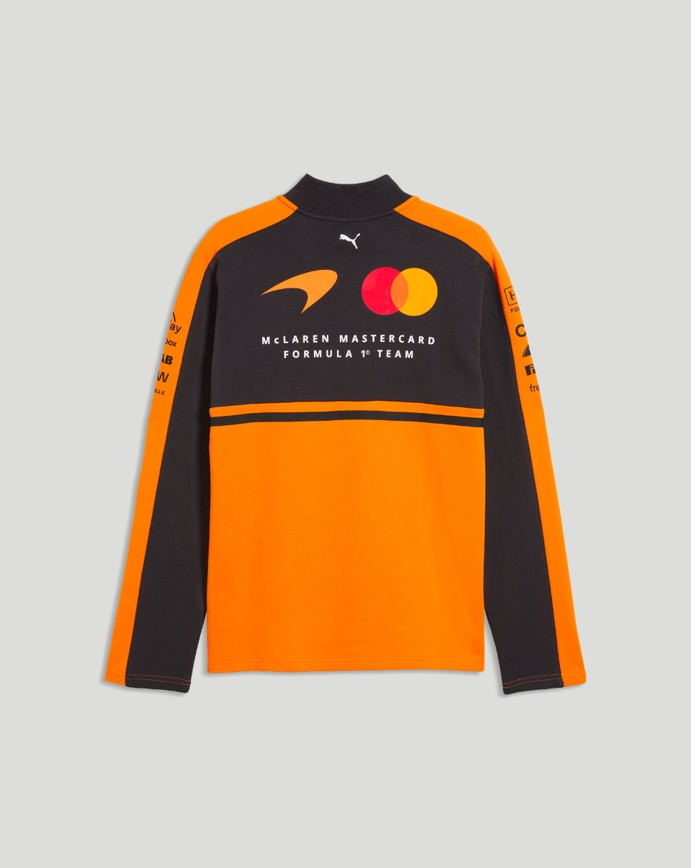 Back view of the Papaya and black McLaren Team Half-Zip Sweatshirt with sponsor logos on sleeves