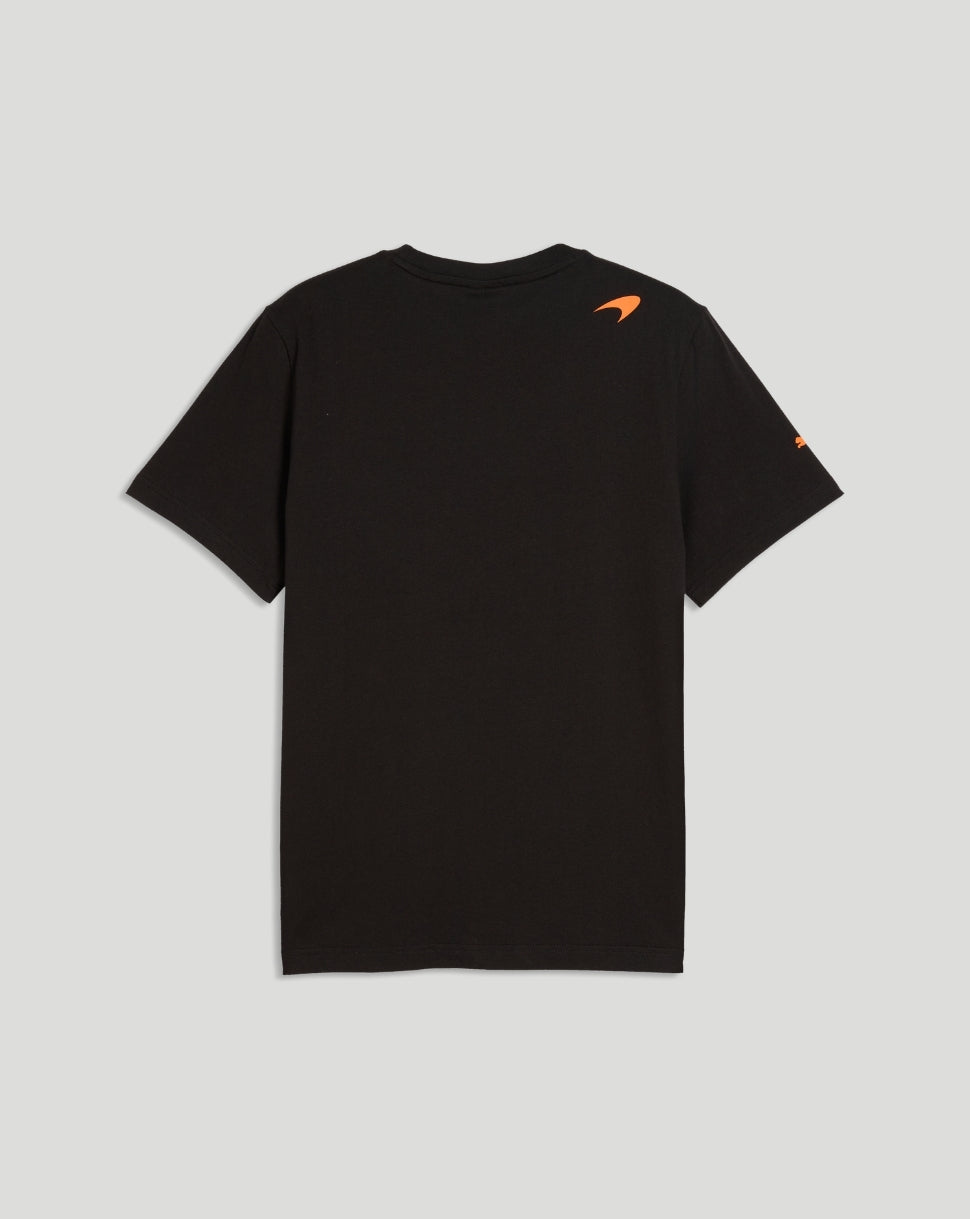 Back view of black McLaren Piastri Core T-Shirt with a small orange logo on the upper back and an orange mark on the sleeve.