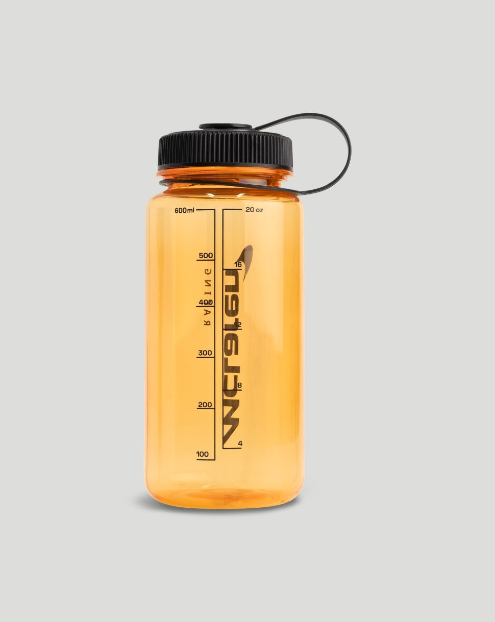 600ml orange translucent water bottle with black screw cap and carrying loop
