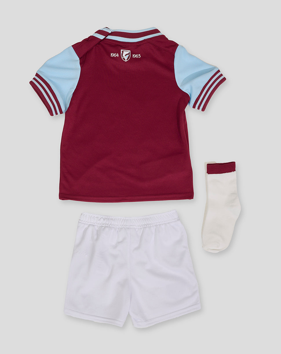 West Ham 24/25 baby home kit burgundy shirt with light blue sleeves, white shorts and socks