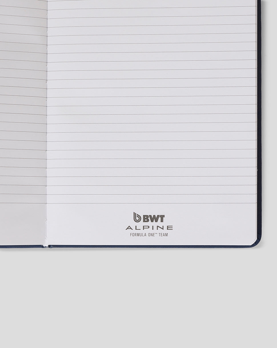 Open notebook with lined pages and BWT Alpine Formula One Team logo at the bottom.