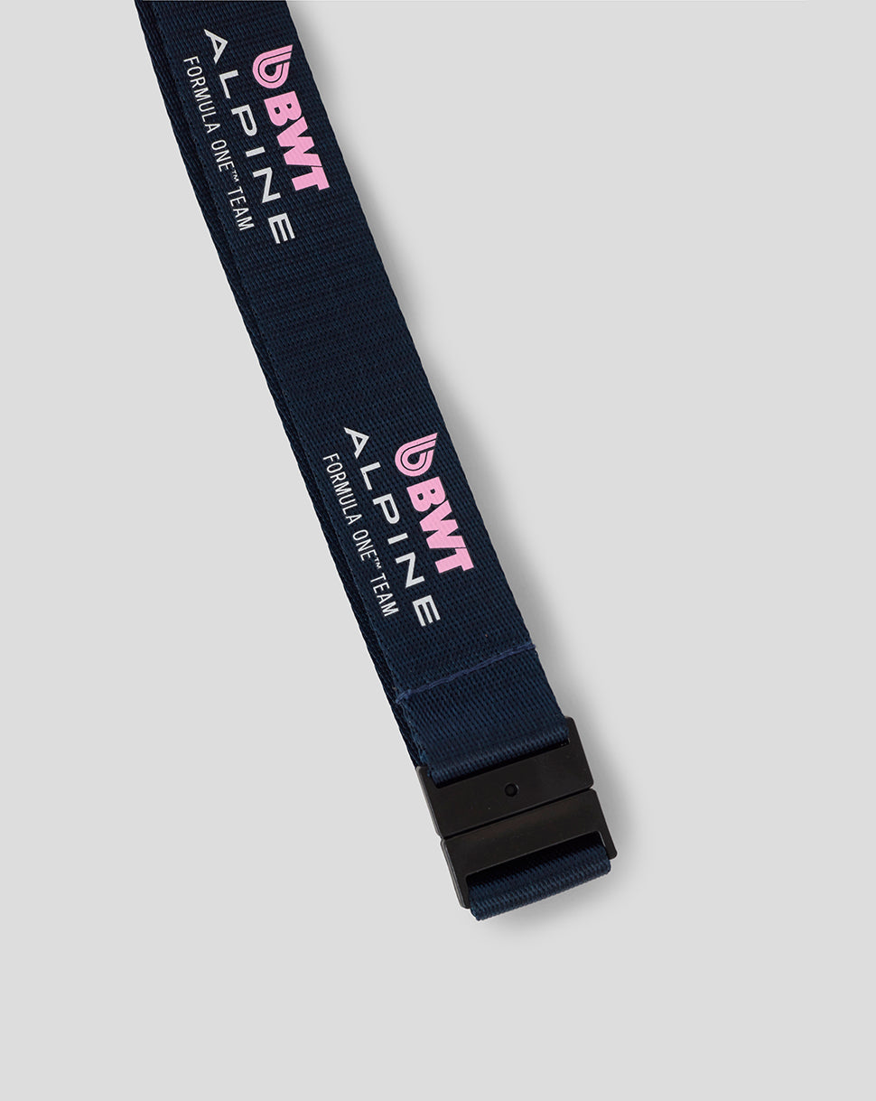 Navy BWT Alpine Formula One team lanyard with pink branding and a black plastic buckle