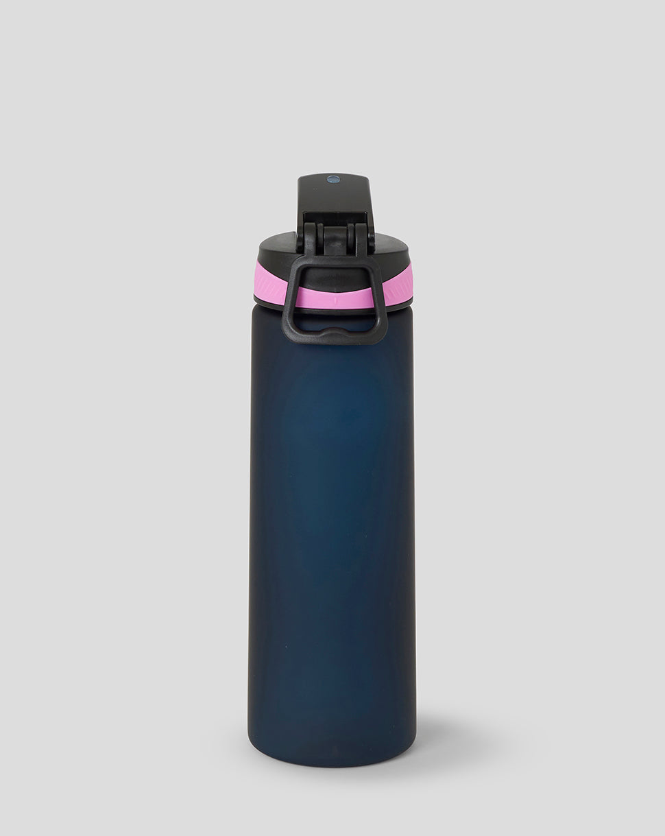 Dark blue BWT Alpine Formula One Team water bottle with pink accent ring and black flip lid