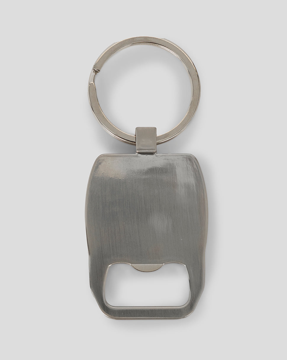 Back view of brushed metal BWT Alpine Formula One Team bottle opener keyring