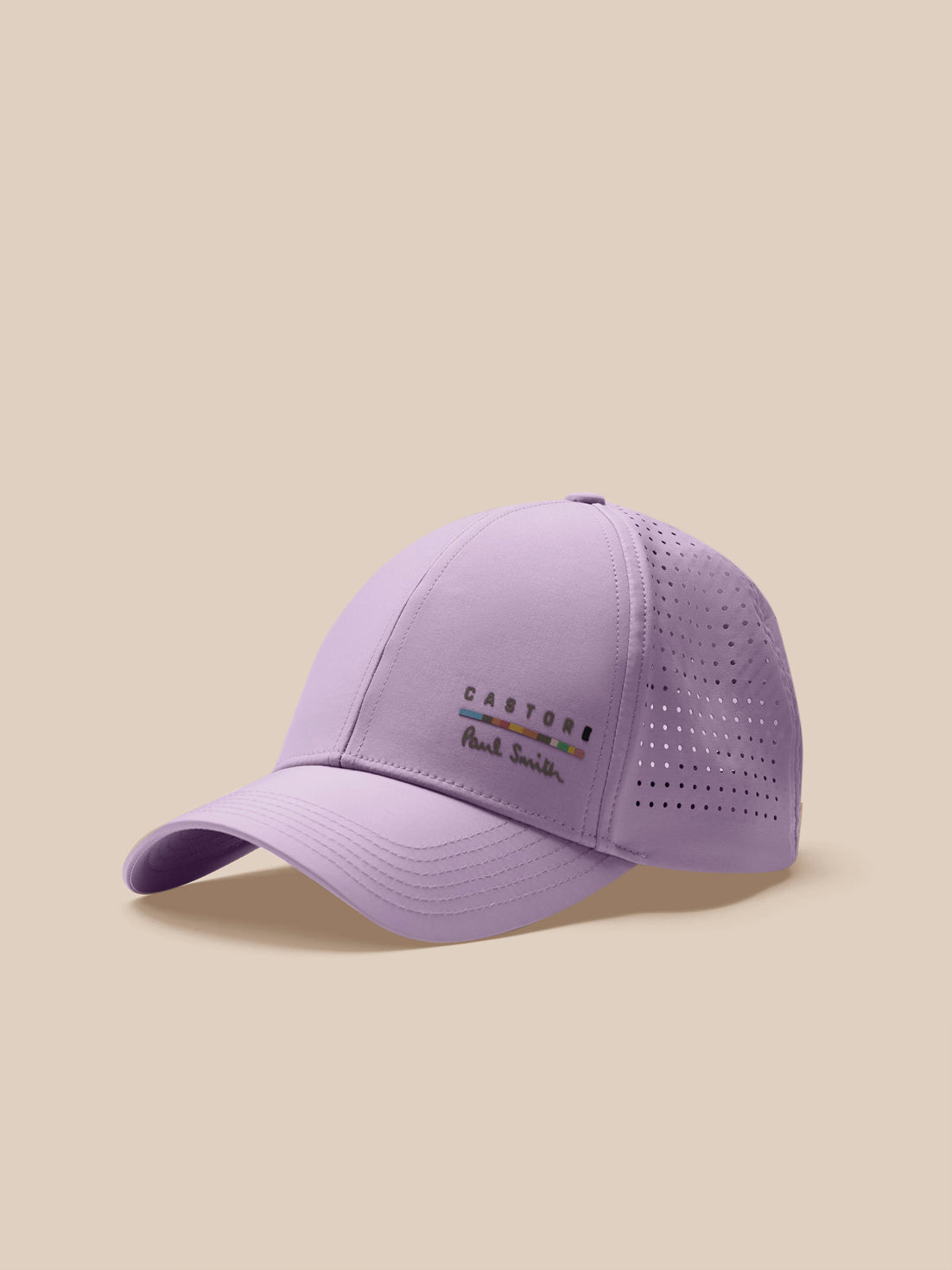 Purple baseball cap with brand logo on a beige background