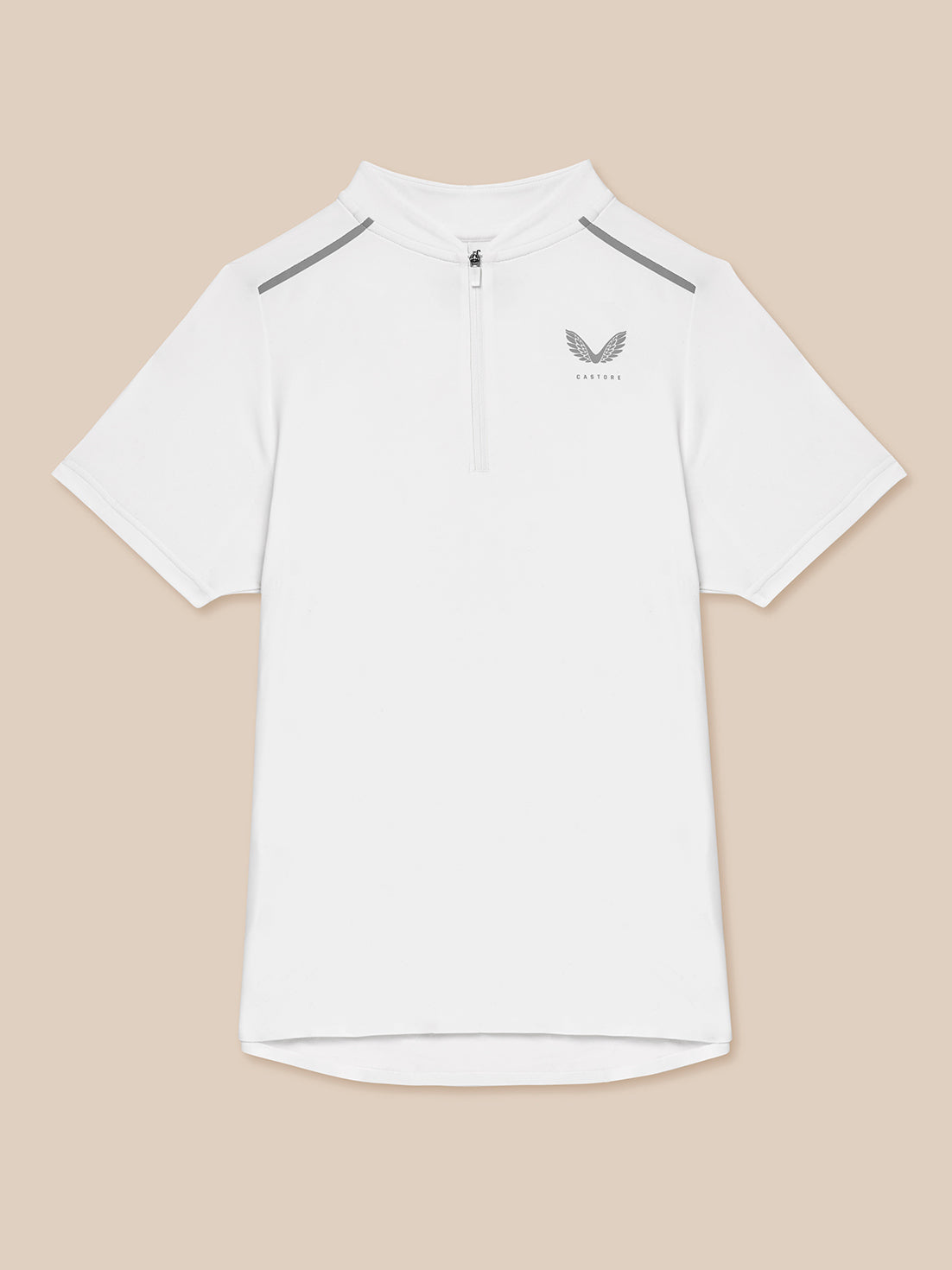 White Pinnacle Polo with varsity collar and front zip, Castore logo on left chest and reflective shoulder trim