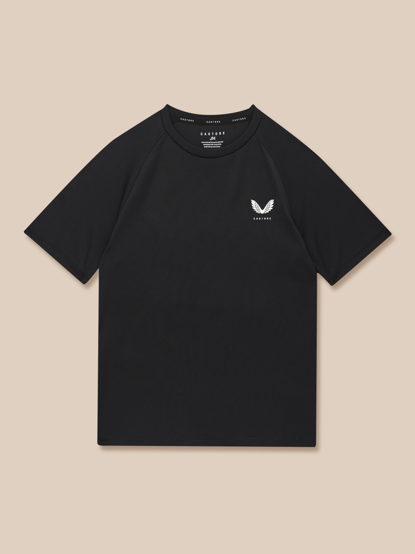 Front view of black Castore T shirt with white wing logo on the left chest