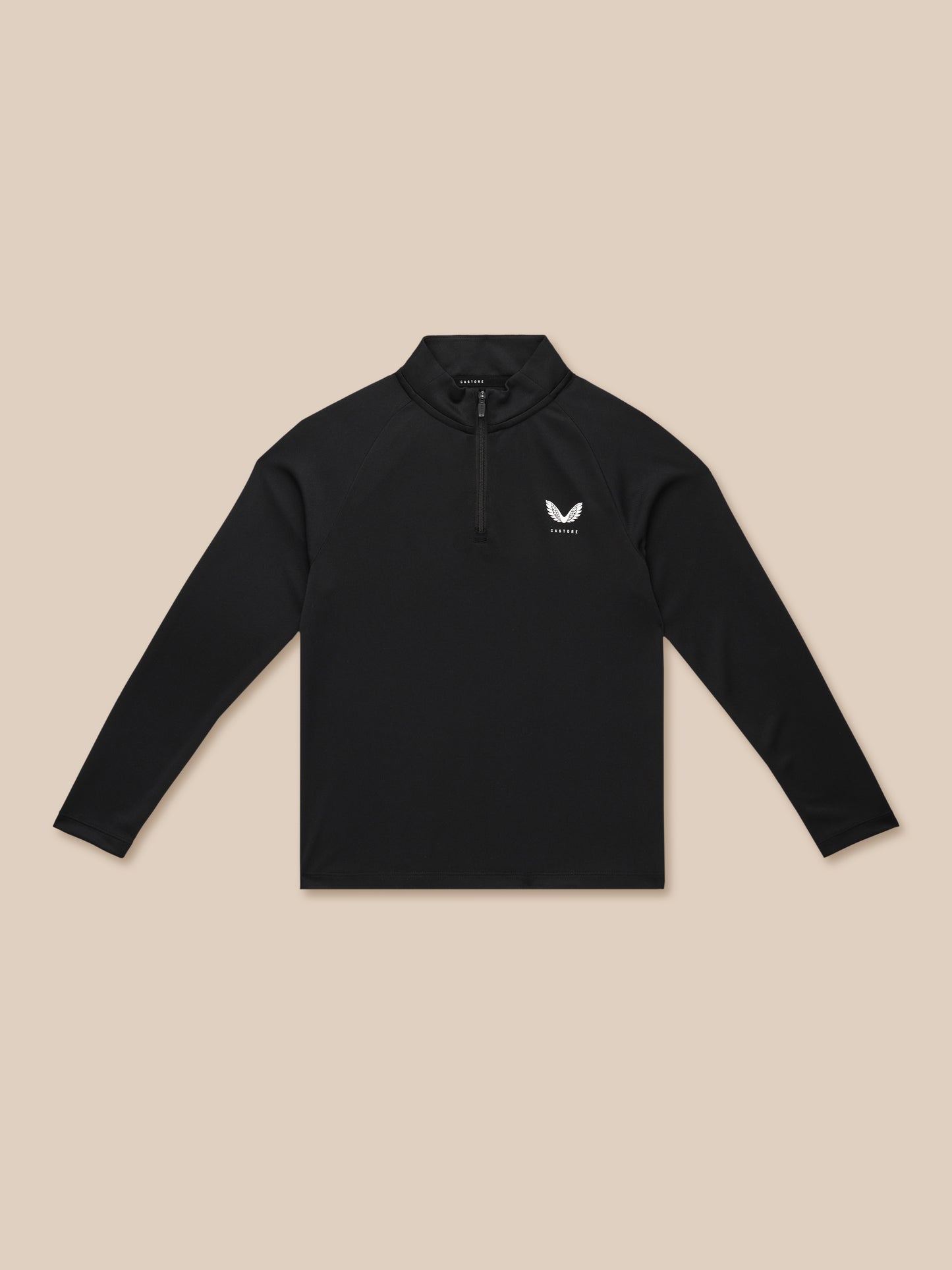 Front view of black Adapt lightweight quarter zip laid flat with centered zipper and Castore logo on left chest.
