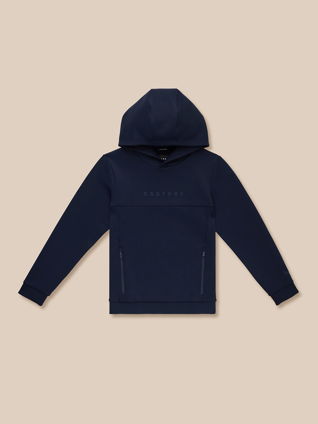Navy Junior’s Flex Scuba hoodie laid flat with hood up, front view showing chest Castore logo and zip pockets.