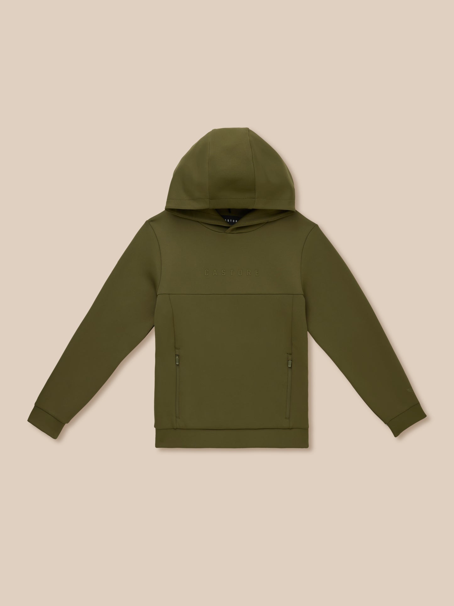 Olive green junior unisex Flex scuba hoodie with hood and CASTORE logo on the chest against a beige backdrop