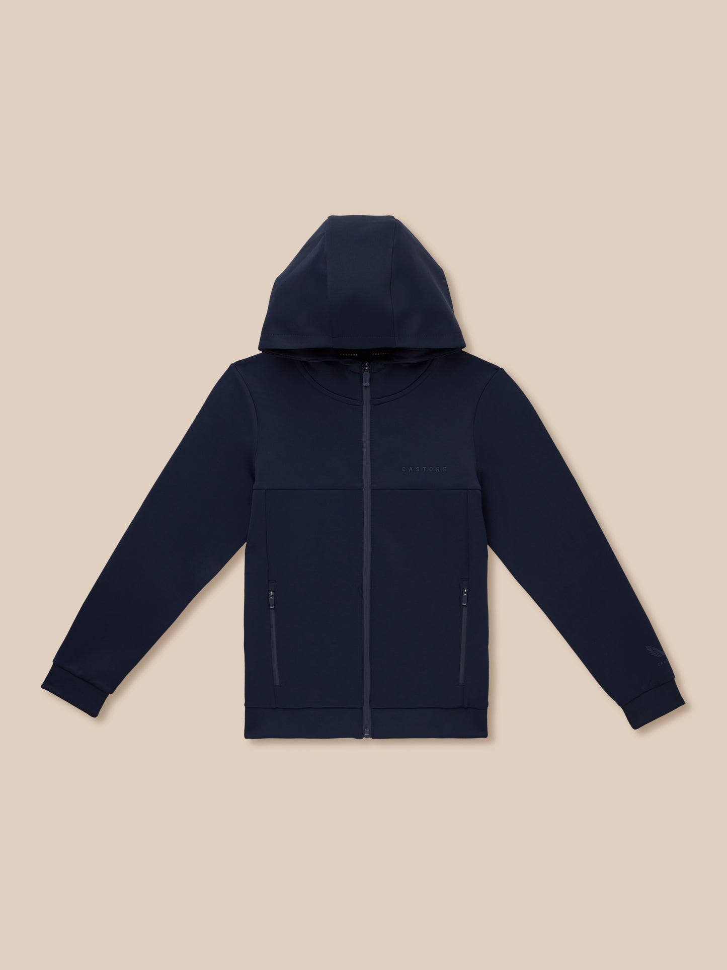 Navy hooded full zip jacket laid flat with front zipper and pockets