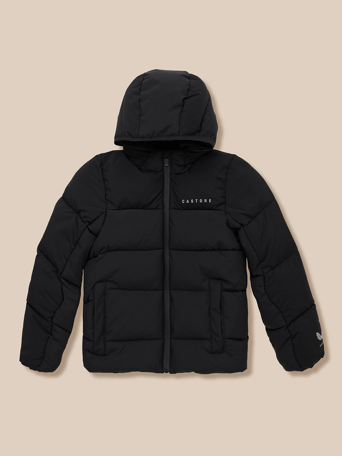 Junior Quilts Puffer Jacket in black shown on a model with a hood