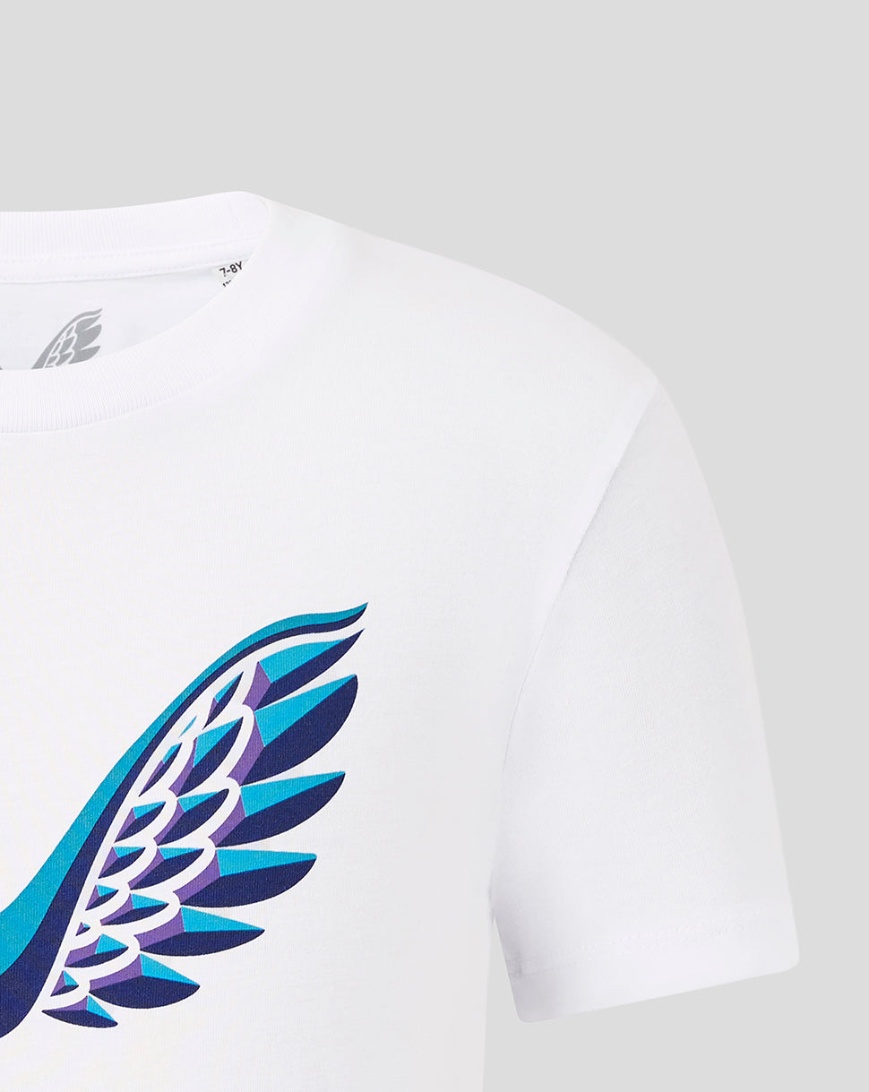 White Majesticks junior graphic T shirt with a blue turquoise wing graphic on the chest area