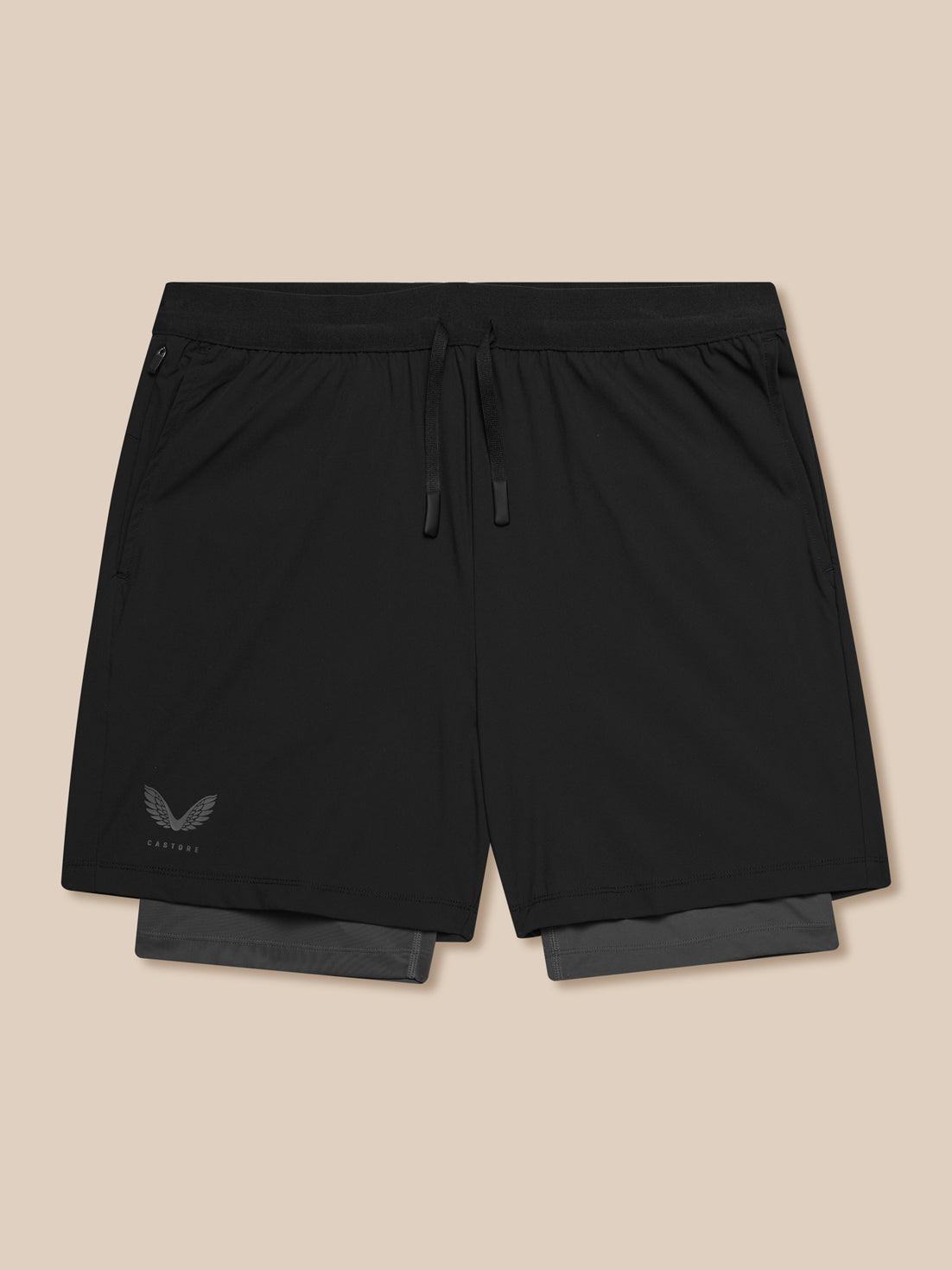 Front view of black Flow Training Shorts with a drawstring waistband and Castore branding on the leg.