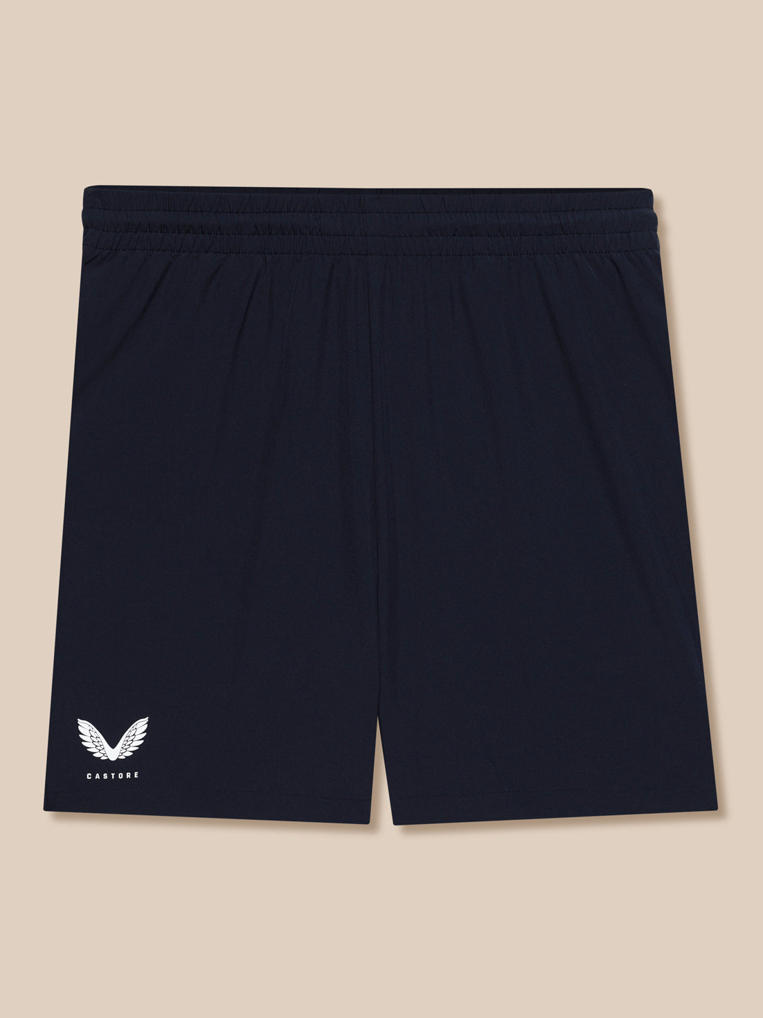 Navy Adapt Training 7 inch shorts back view with elastic waistband and Castore logo on the left leg.