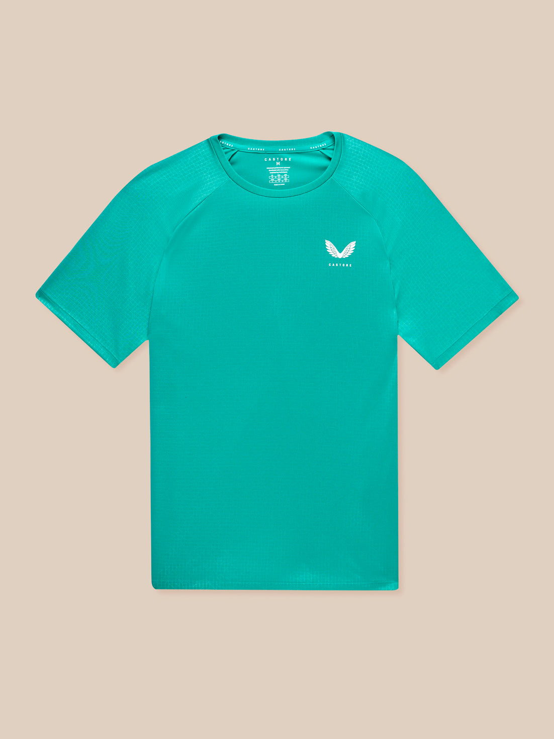Flat lay of bright aqua Adapt Training T-Shirt showing a crew neck and short sleeves with a small left chest logo