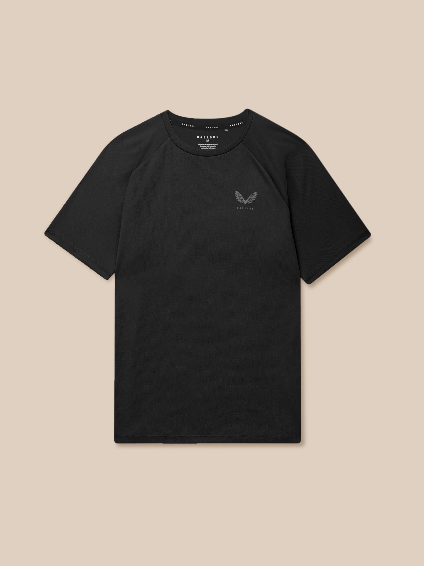 Flat lay of black Adapt Training T Shirt showing Castore wing logo on the chest
