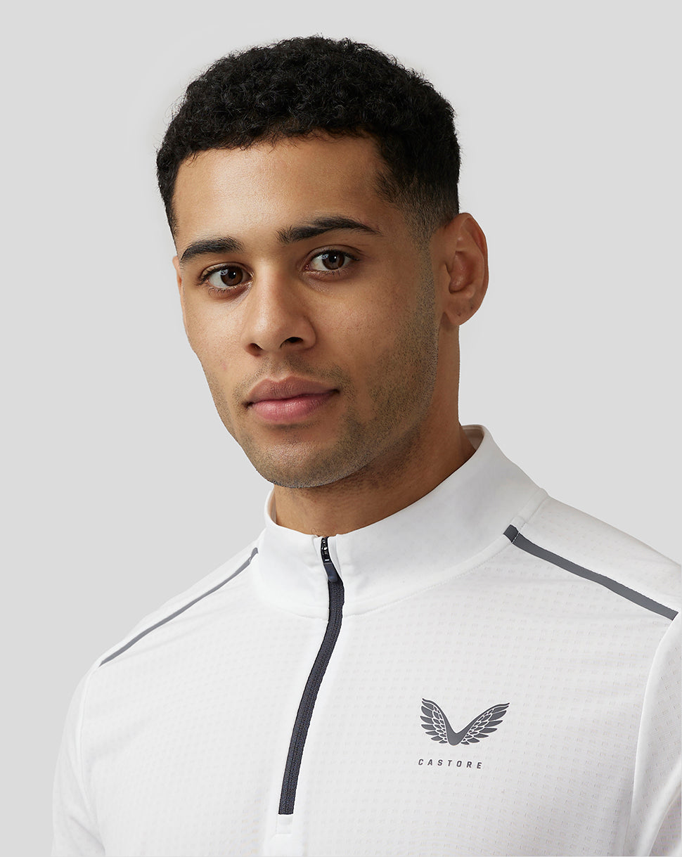 Male model wearing white Apex Training 1/4 Zip Top with stand collar and Castore branding