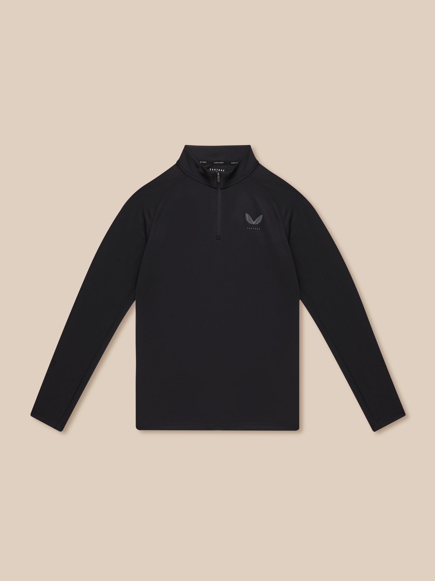 Front view of black Adapt Training 1/4 Zip Top showing center zip and chest logo