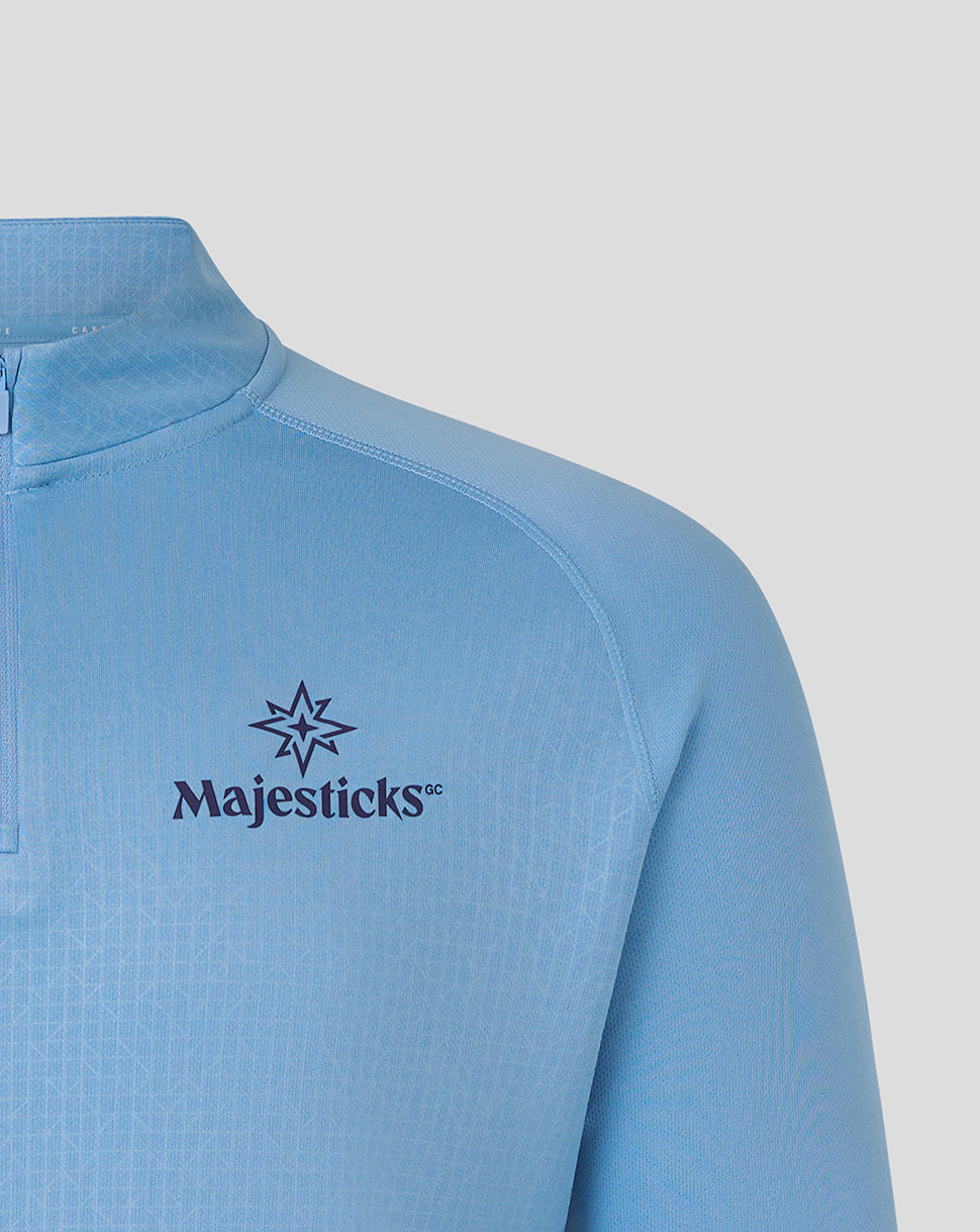 Blue Majesticks training 1/4 zip top with center zip and Majesticks logo on left chest
