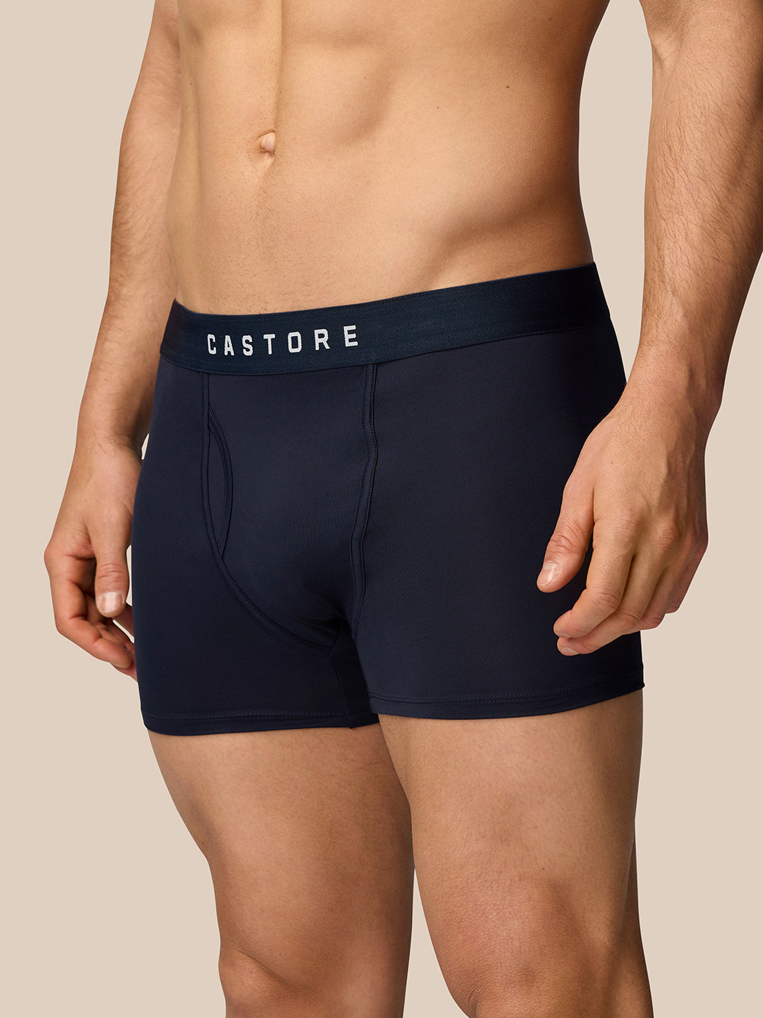 Navy Active 3 Pack Boxers on a model with elasticated waistband