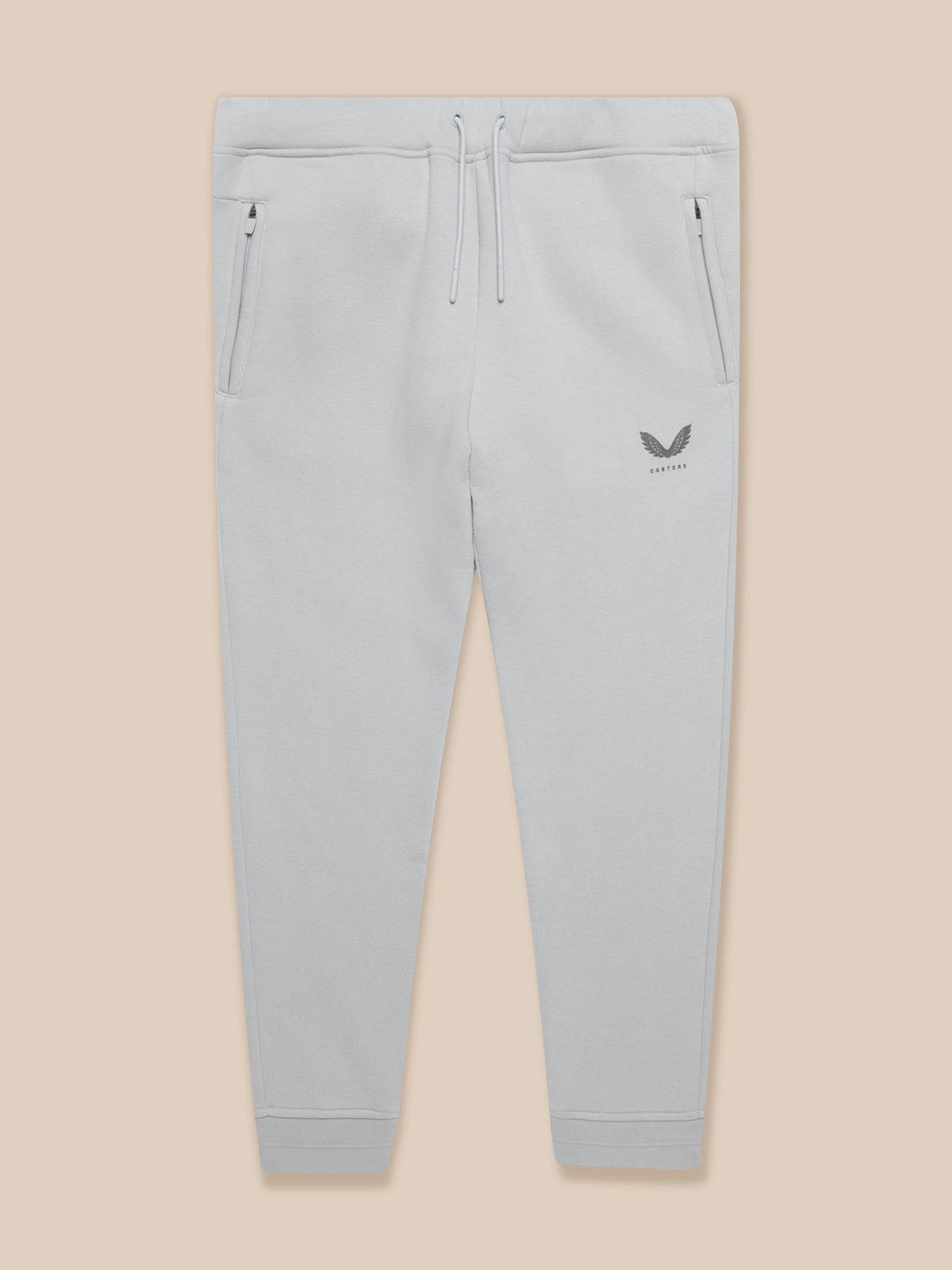 Front view of light grey Adapt Fleece joggers with drawstring waistband and logo on the thigh.