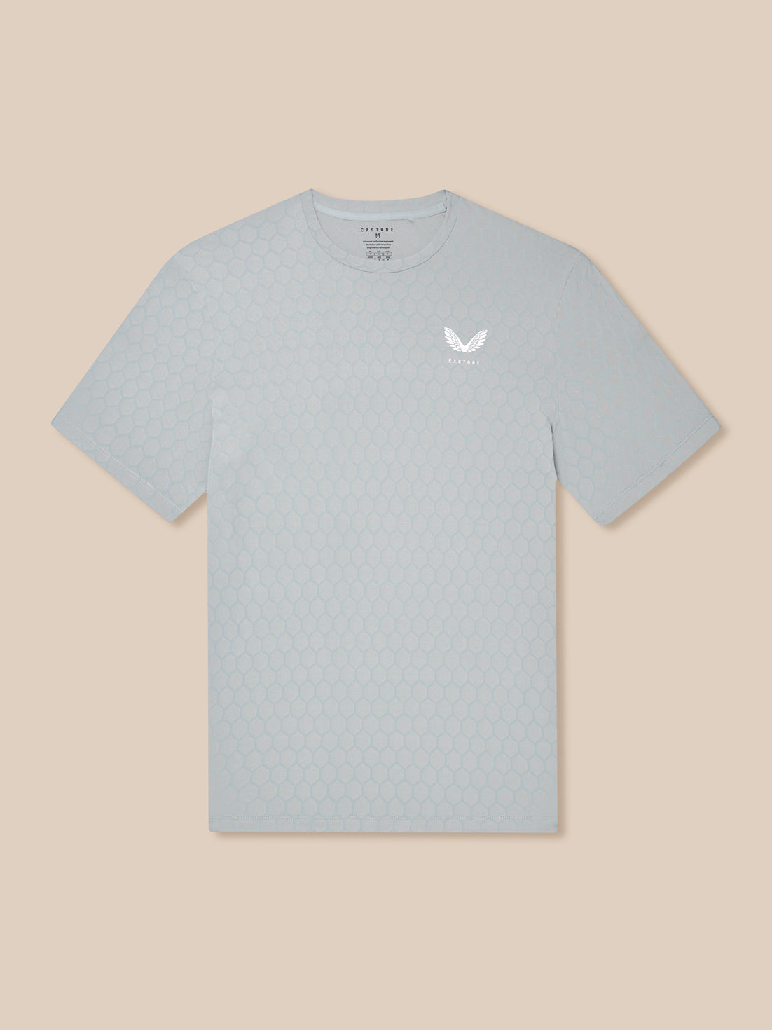 Grey Flow Training T Shirt featuring hex honeycomb pattern and a white Castore logo on the chest