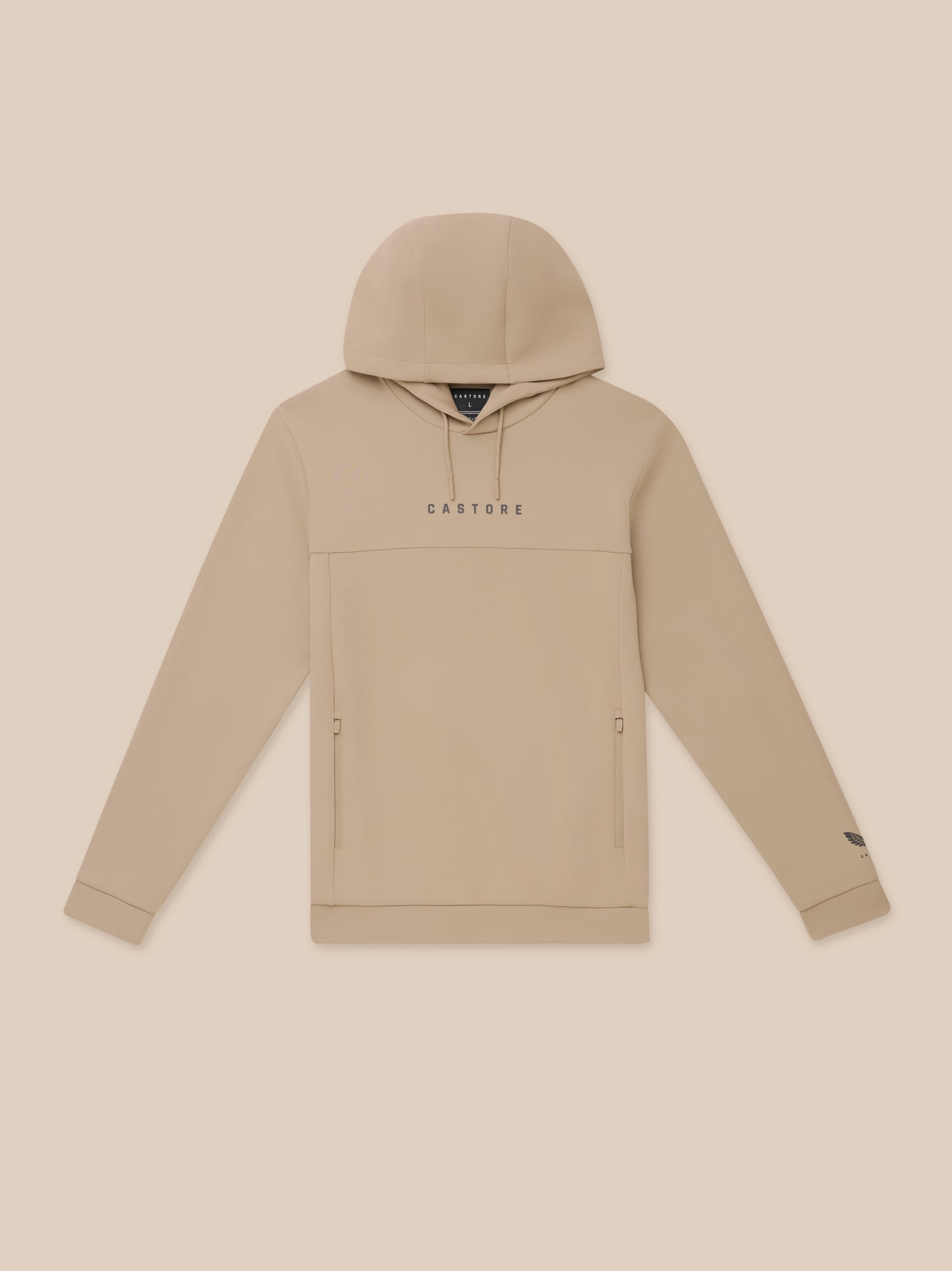 Front view of mushroom color Flex Lifestyle Hoodie with hood up and Castore logo on chest.