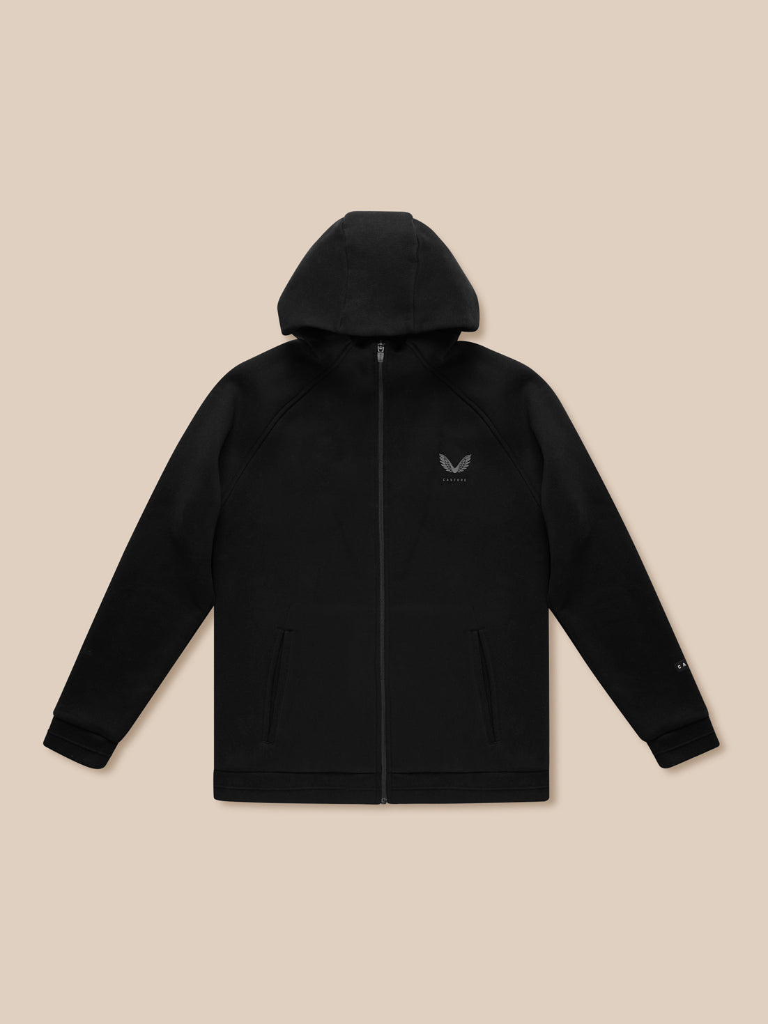 Side view of male model wearing black Adapt Fleece Zip-Through Hoodie highlighting tailored fit and logo