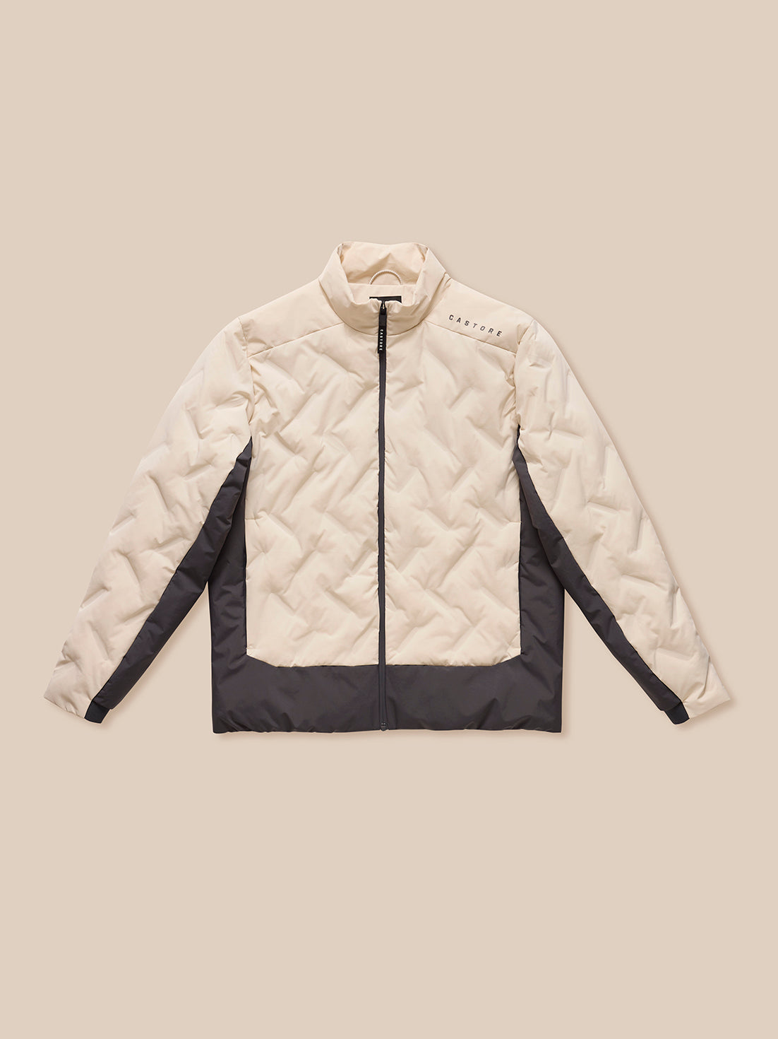 Beige padded jacket laid flat with center front zip and dark hem panels
