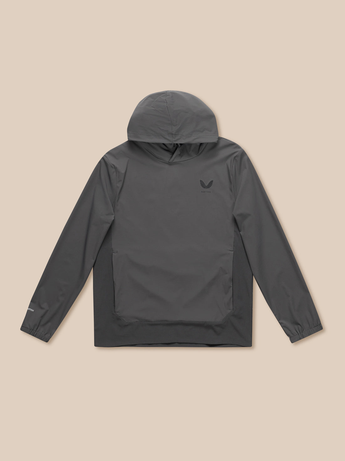 Grey lightweight hooded windbreaker laid flat with chest logo and front pocket