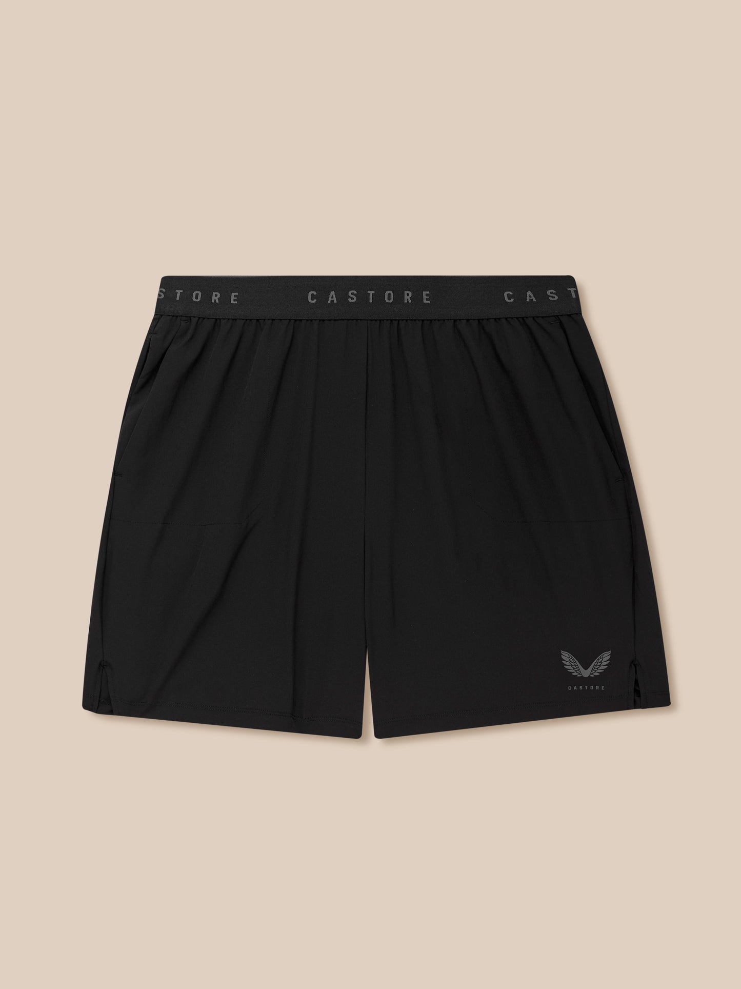 Close up of Adapt Training Shorts waistband showing a black jacquard elastic band with Castore branding