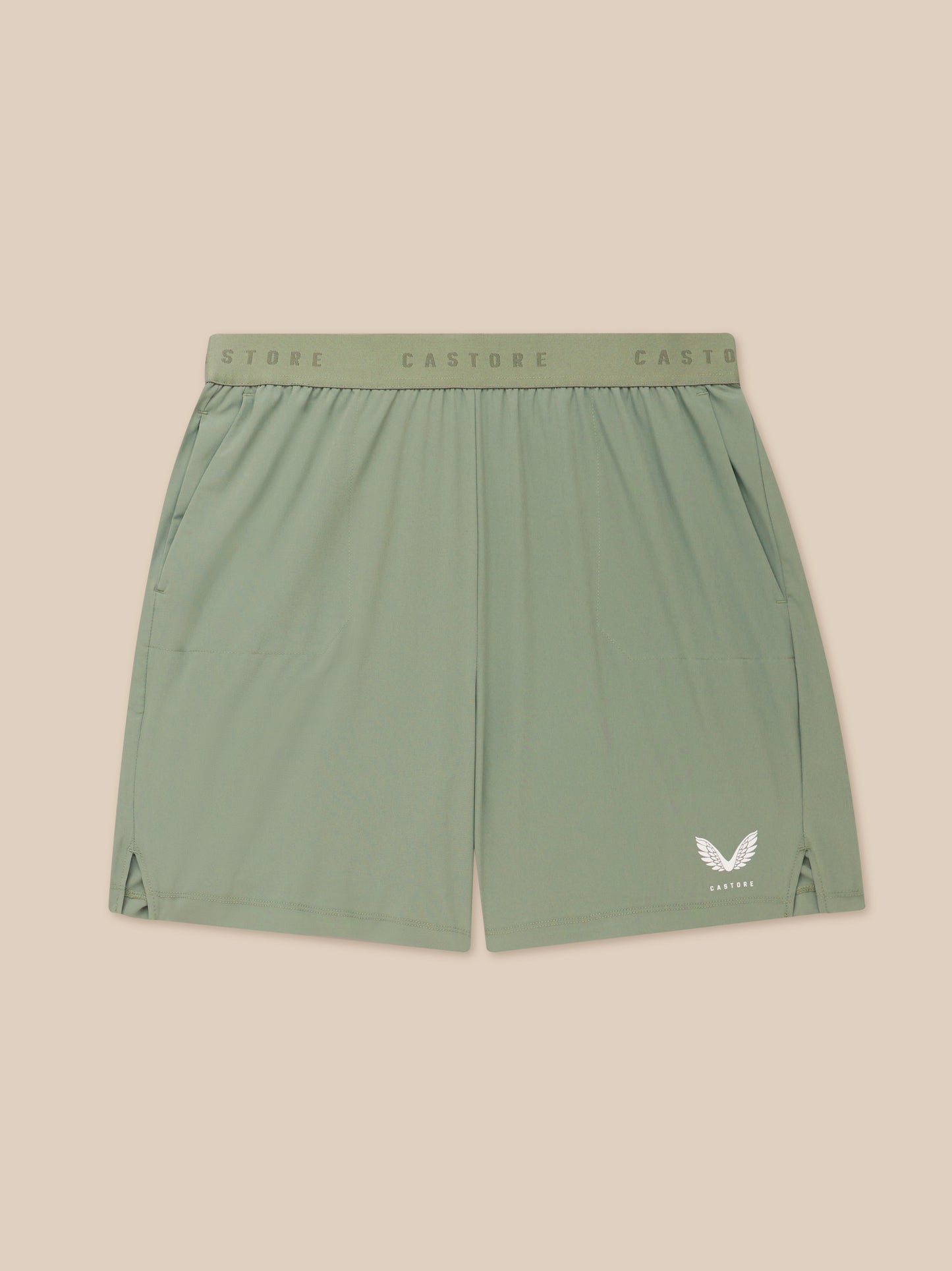 Close up of thyme mint Adapt Shorts waistband with Castore branding on the elastic.