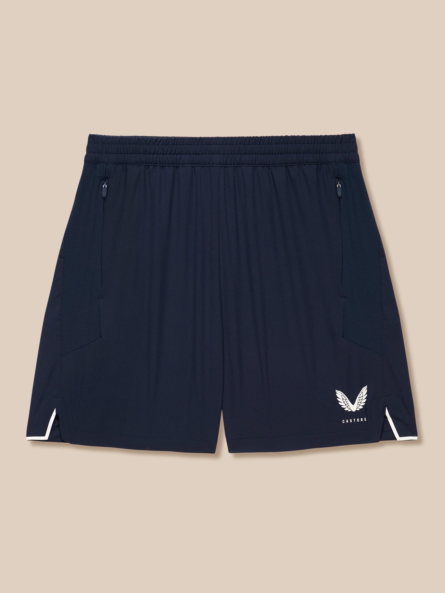 Apex Training Shorts midnight navy waist close-up showing elastic waistband and side zip pockets