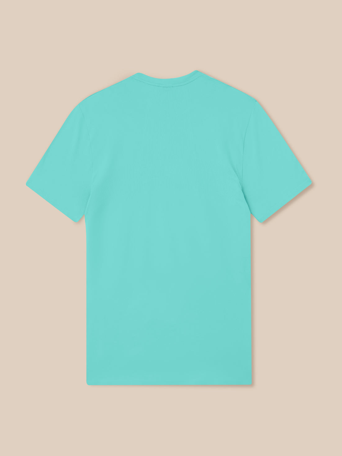 Back view of Zone Training T-Shirt in light aqua laid flat with dropped hem and side slits.